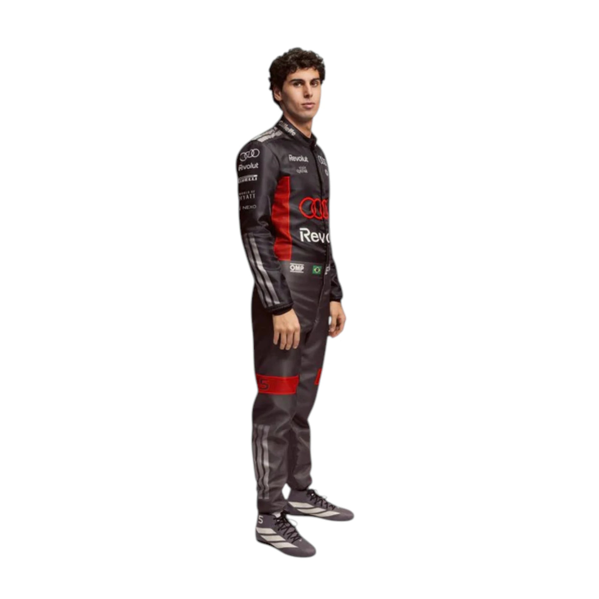 Gabriel Bortoleto 2026 Audi F1 race suit in black with red accents and sponsor logos