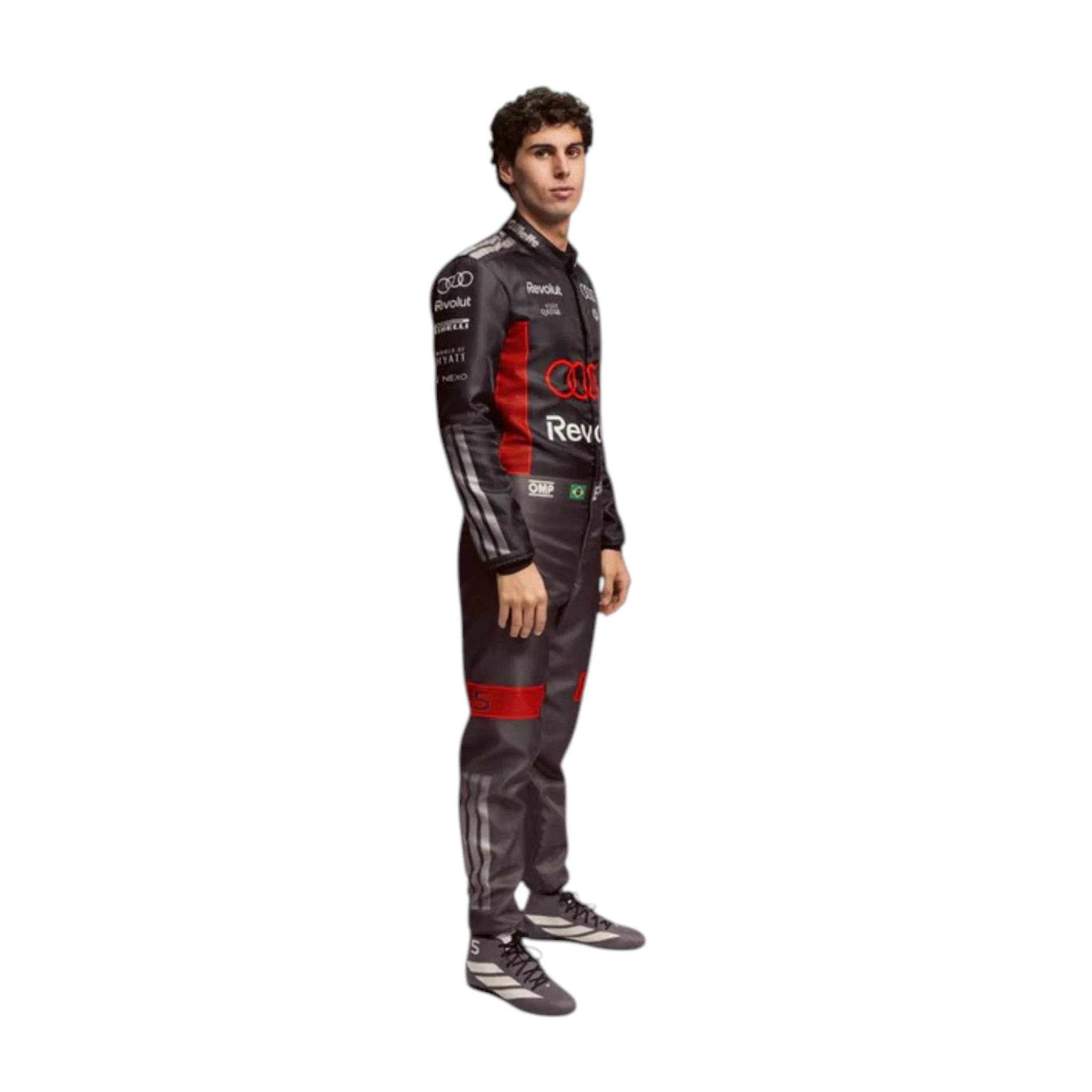 Gabriel Bortoleto 2026 Audi F1 race suit in black with red accents and sponsor logos