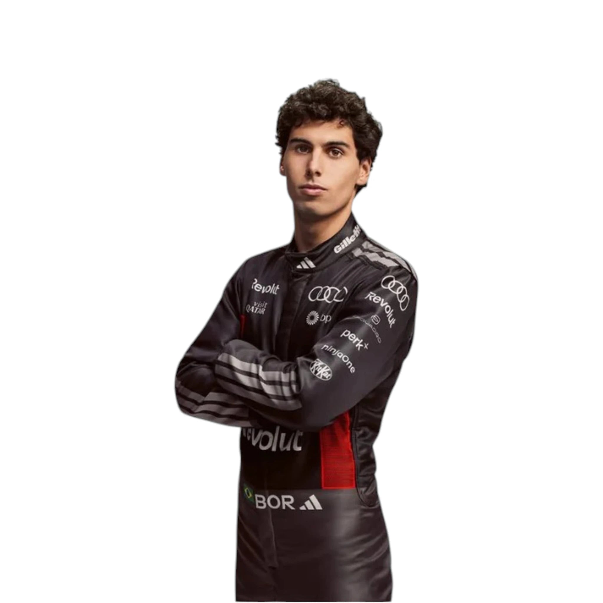 Gabriel Bortoleto 2026 Audi F1 race suit in black with red accents and sponsor logos