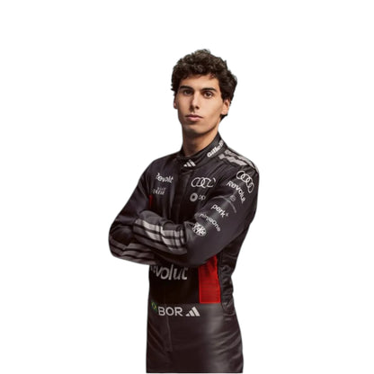 Gabriel Bortoleto 2026 Audi F1 race suit in black with red accents and sponsor logos