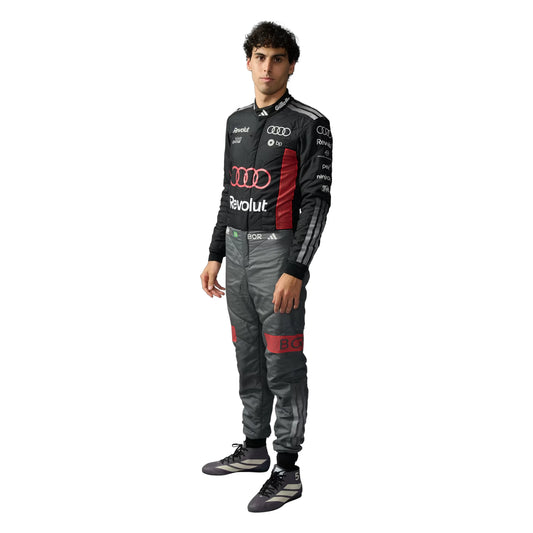 Gabriel Bortoleto 2026 Audi F1 race suit in black with red accents and sponsor logos
