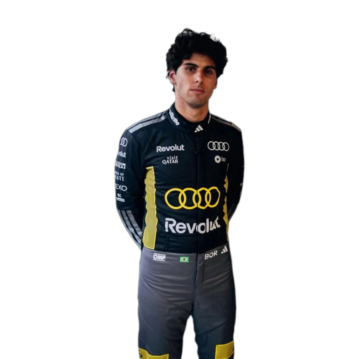 Gabriel Bortoleto 2026 Audi Monaco GP F1 Racing Suit in black and yellow featuring Audi team branding, sponsor logos, and distinctive racing details
