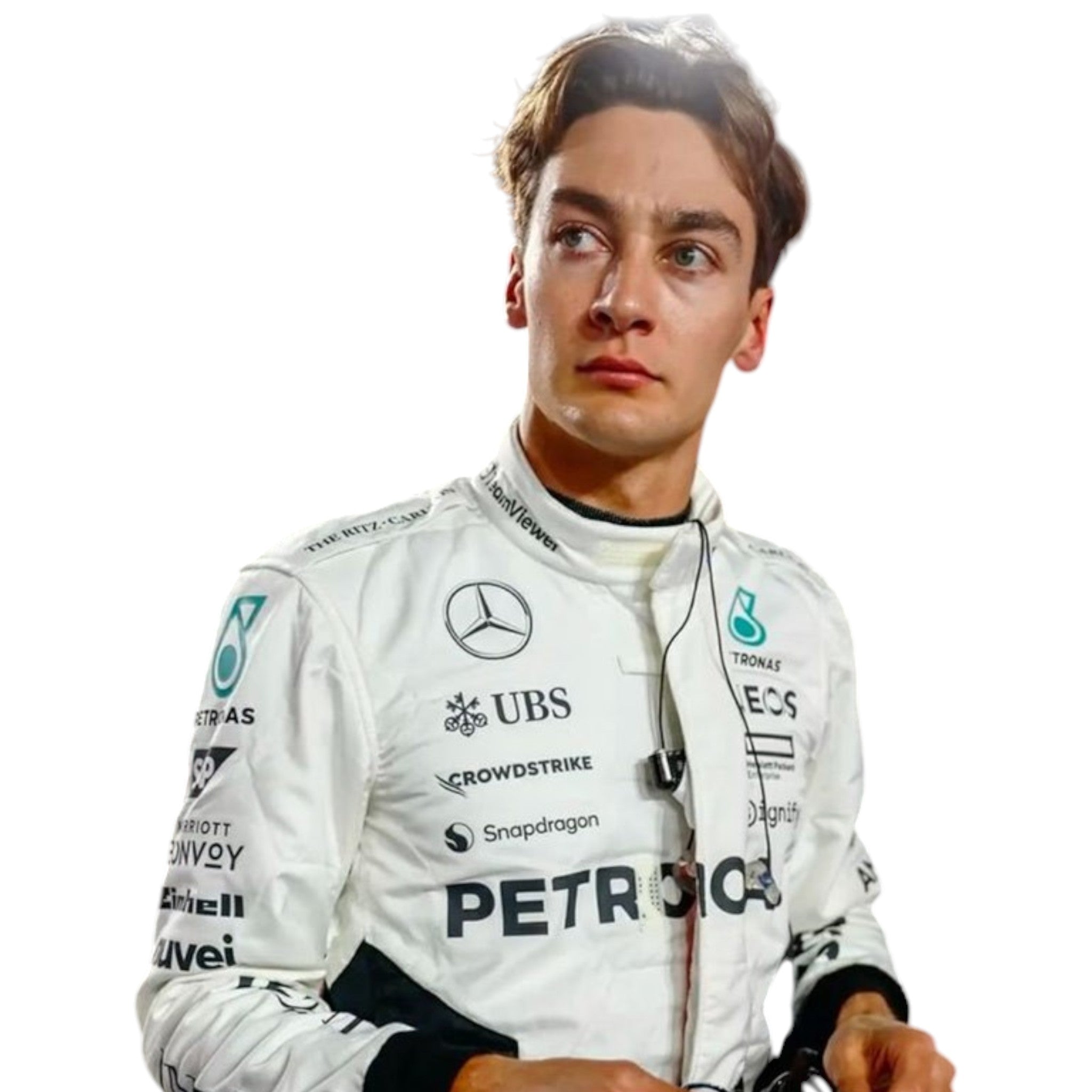 George Russell wearing a 2024 Mercedes-AMG Petronas Qatar GP F1 race suit in white with black accents and sponsor logos