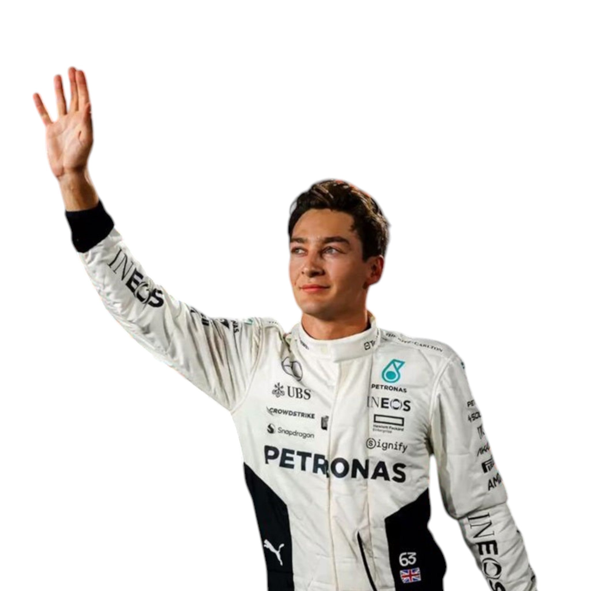 George Russell wearing a 2024 Mercedes-AMG Petronas Qatar GP F1 race suit in white with black accents and sponsor logos