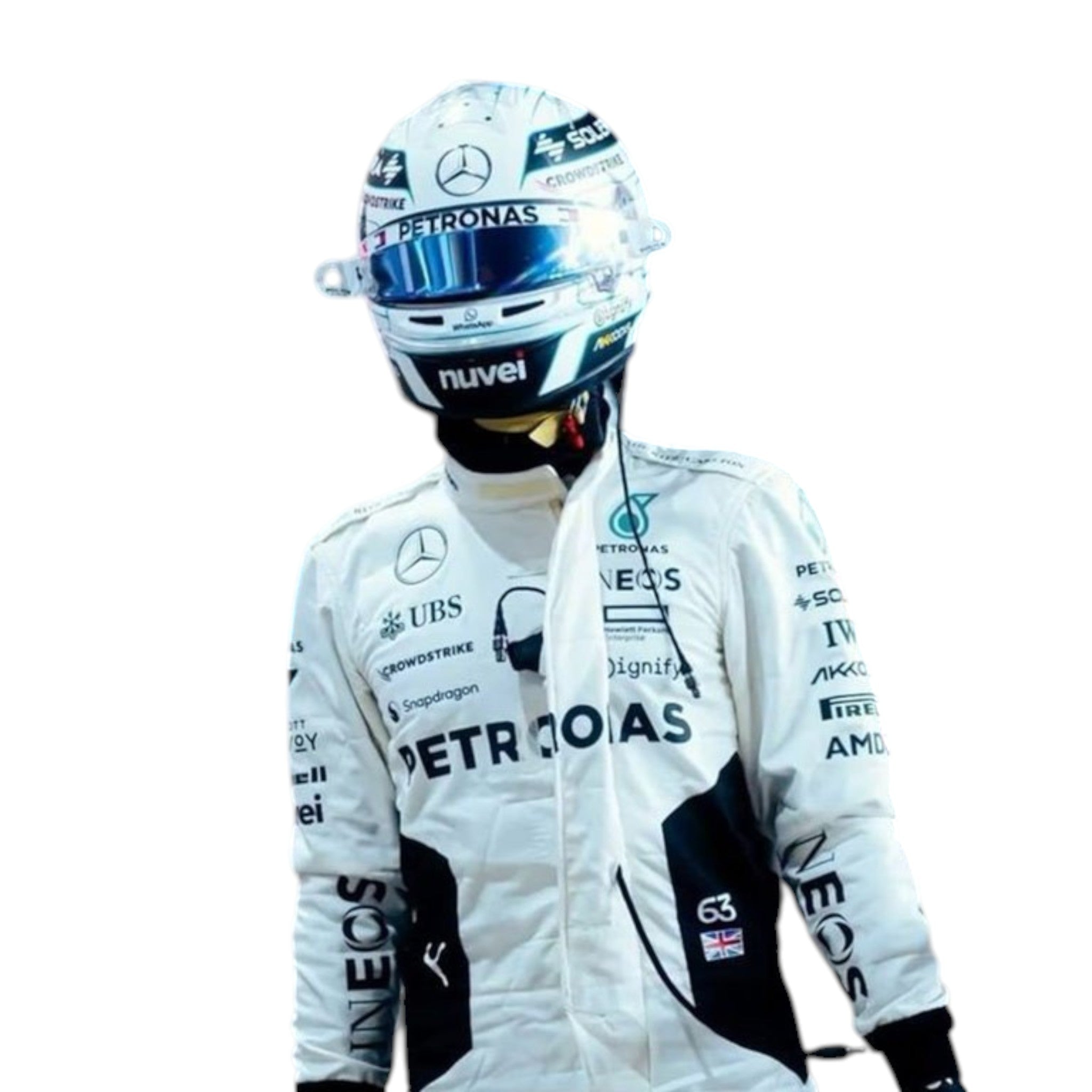 George Russell wearing a 2024 Mercedes-AMG Petronas Qatar GP F1 race suit in white with black accents and sponsor logos