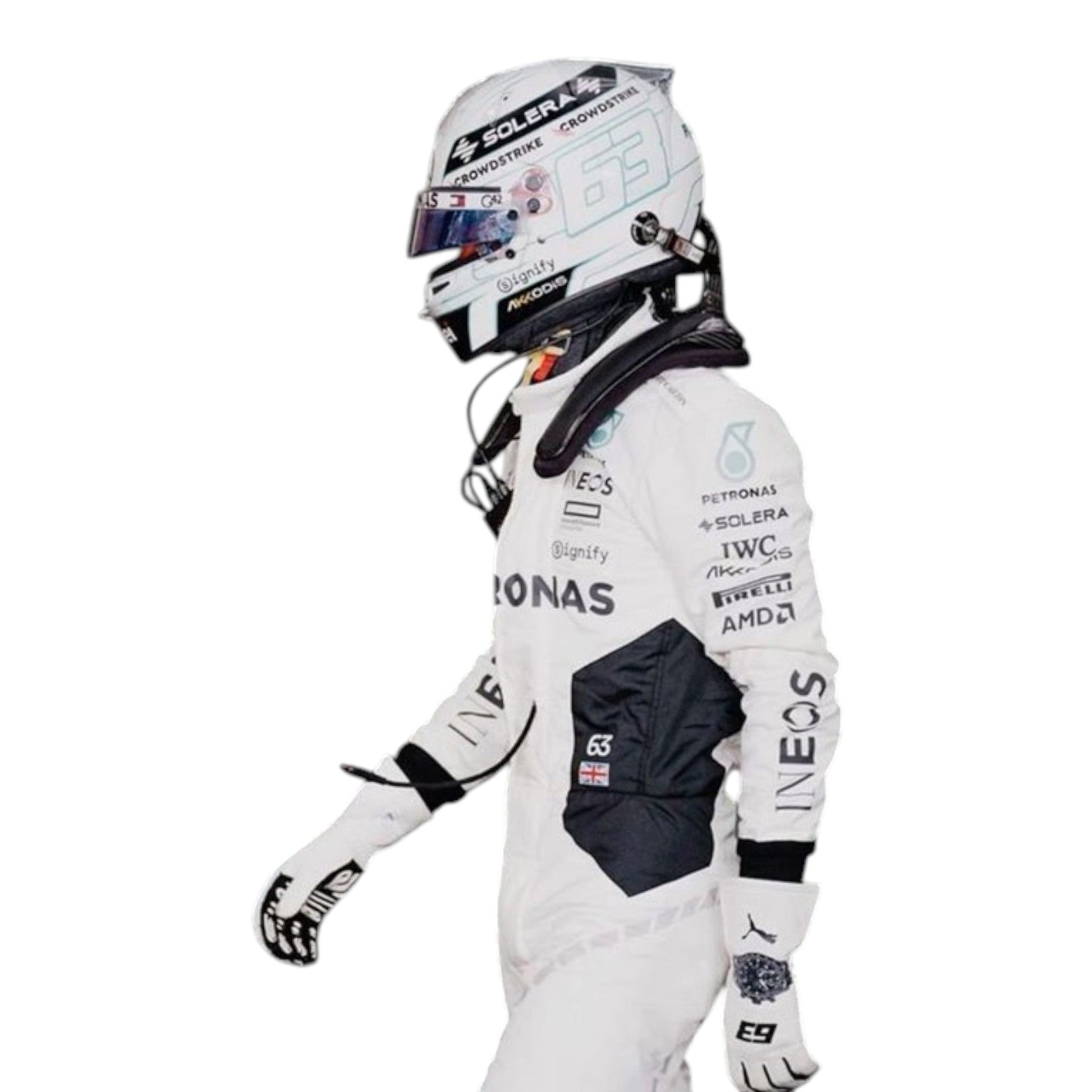 George Russell wearing a 2024 Mercedes-AMG Petronas Qatar GP F1 race suit in white with black accents and sponsor logos