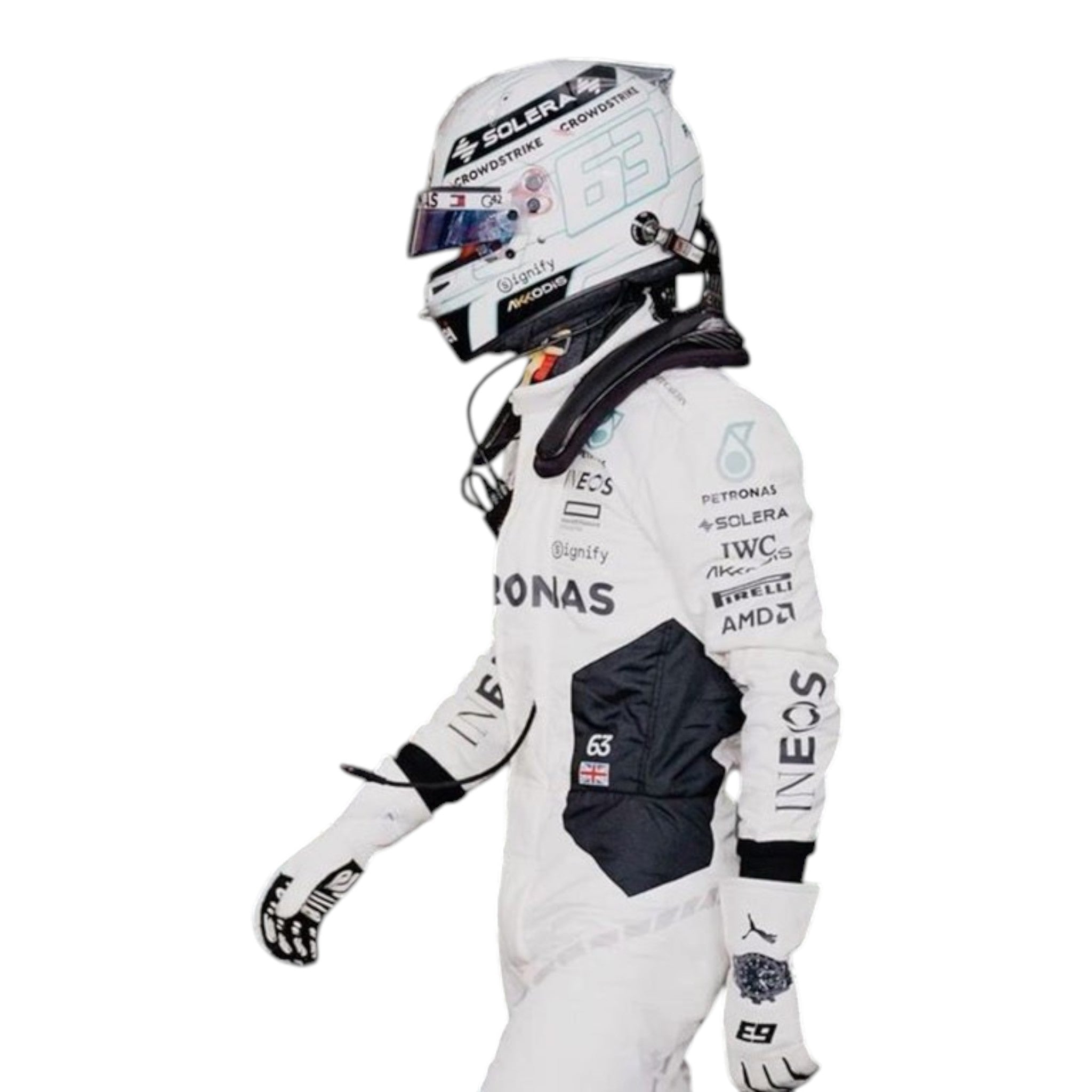 George Russell wearing a 2024 Mercedes-AMG Petronas Qatar GP F1 race suit in white with black accents and sponsor logos