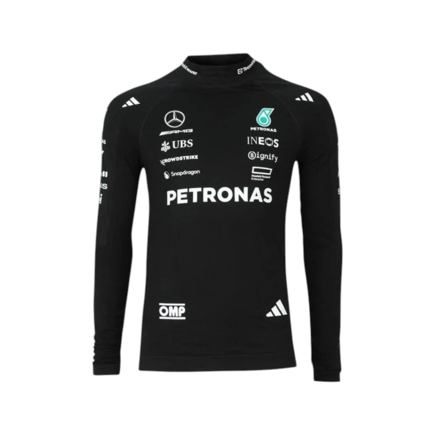 George Russell 2025 Mercedes-AMG Petronas F1 Undershirt in black with authentic Mercedes-AMG Petronas sponsor logos and long sleeve performance design