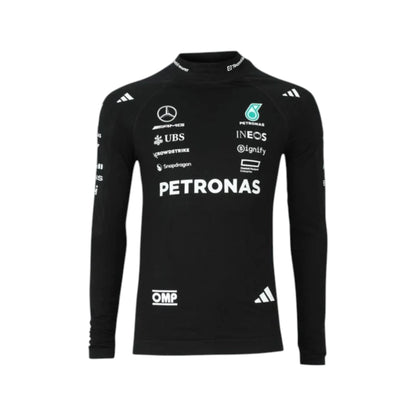 George Russell 2025 Mercedes-AMG Petronas F1 Undershirt in black with authentic Mercedes-AMG Petronas sponsor logos and long sleeve performance design