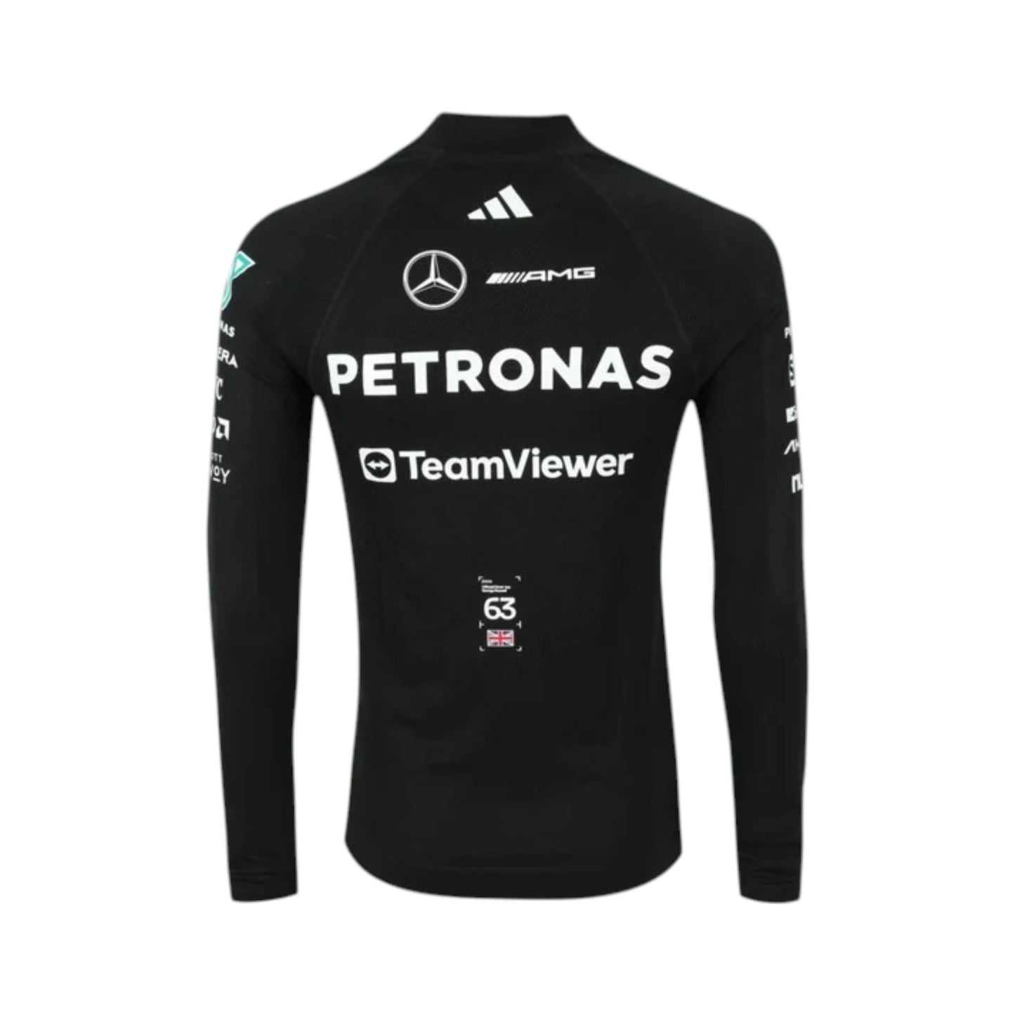 George Russell 2025 Mercedes-AMG Petronas F1 Undershirt in black with authentic Mercedes-AMG Petronas sponsor logos and long sleeve performance design