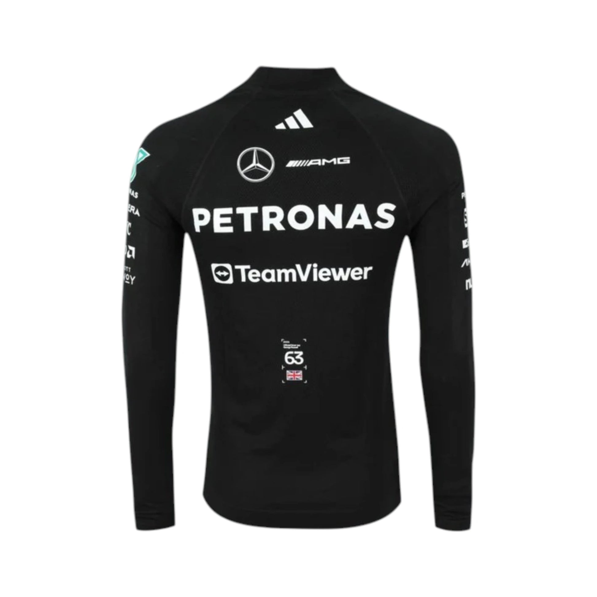 George Russell 2025 Mercedes-AMG Petronas F1 Undershirt in black with authentic Mercedes-AMG Petronas sponsor logos and long sleeve performance design
