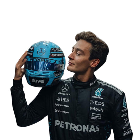 2025 George Russell Mercedes AMG F1 race suit replica official Petronas teamwear with race accurate styling and AMG branding