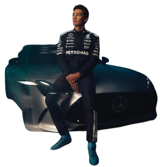 2025 George Russell Mercedes AMG F1 race suit replica official Petronas teamwear with race accurate styling and AMG branding
