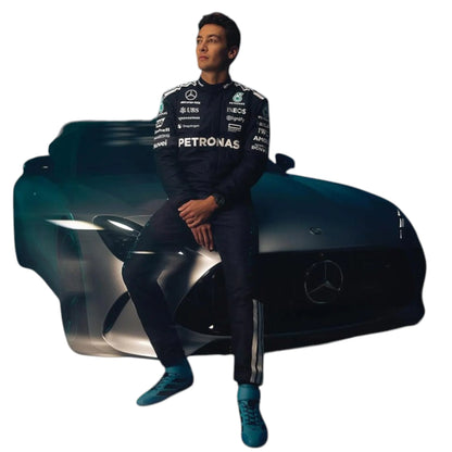 2025 George Russell Mercedes AMG F1 race suit replica official Petronas teamwear with race accurate styling and AMG branding
