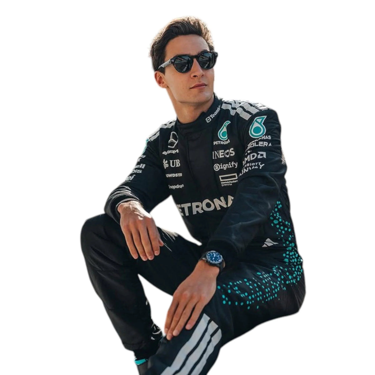 2025 George Russell Mercedes AMG F1 race suit replica official Petronas teamwear with race accurate styling and AMG branding