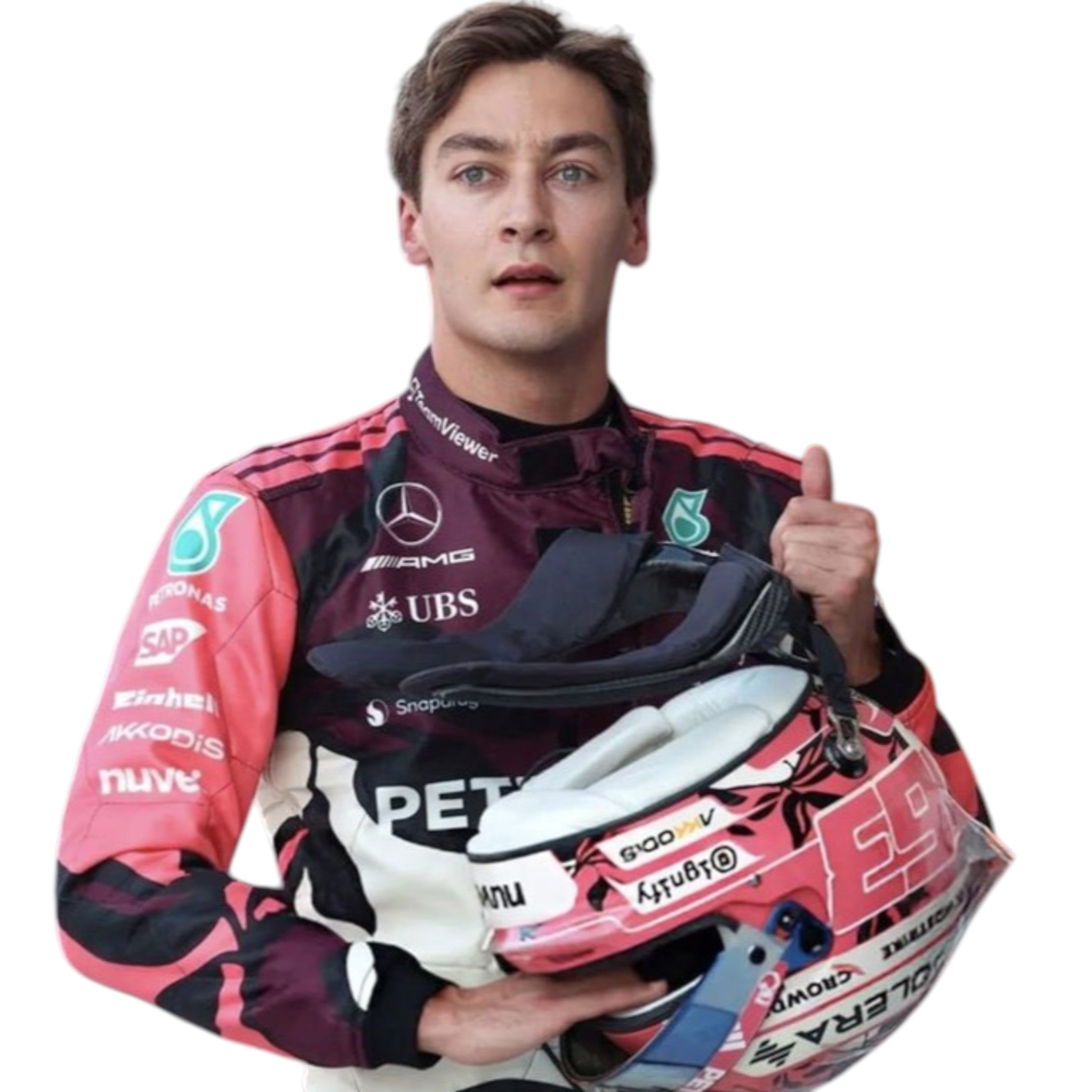 George Russell 2025 Mercedes-AMG Petronas Miami GP F1 race suit with special edition detailing and sponsor branding