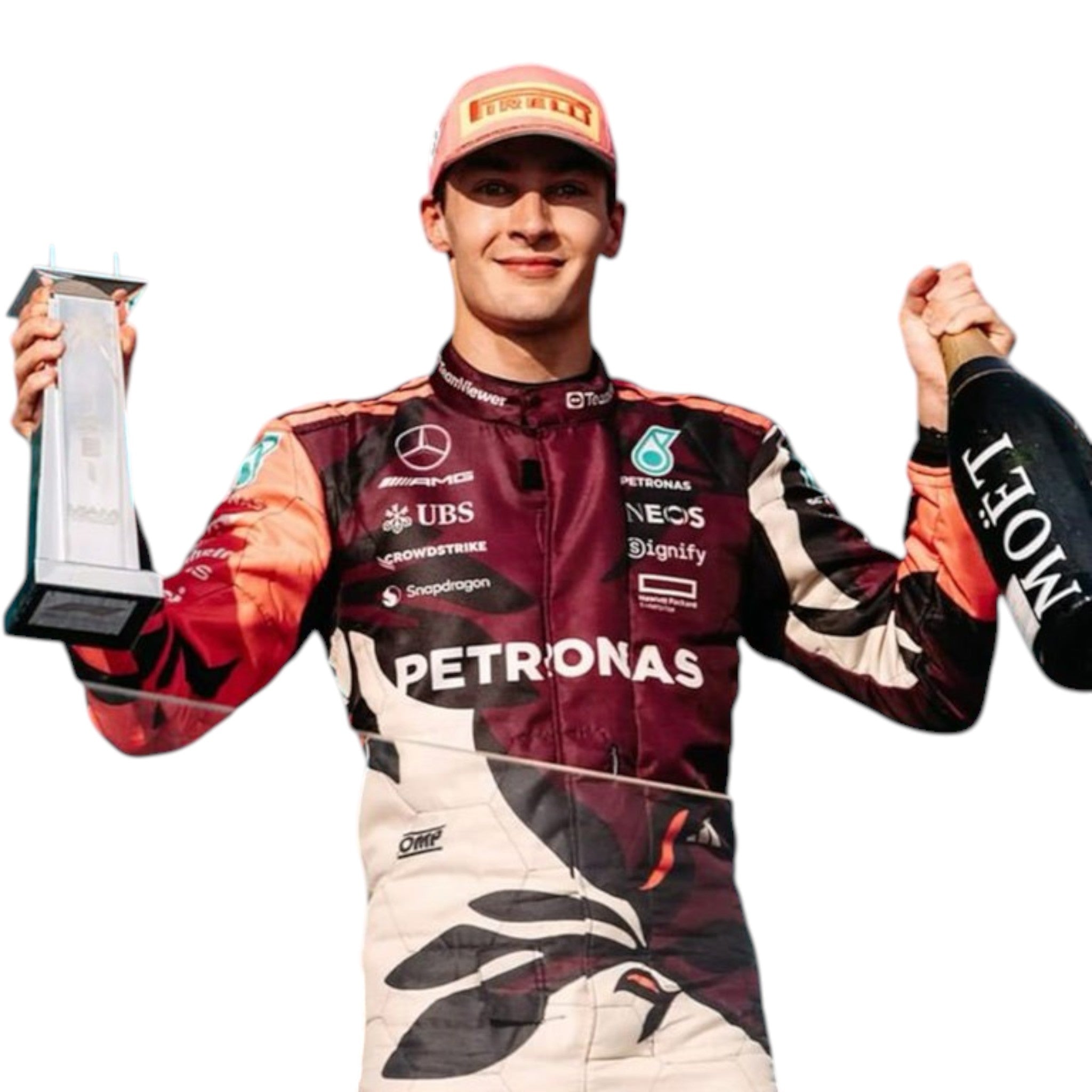 George Russell 2025 Mercedes-AMG Petronas Miami GP F1 race suit with special edition detailing and sponsor branding