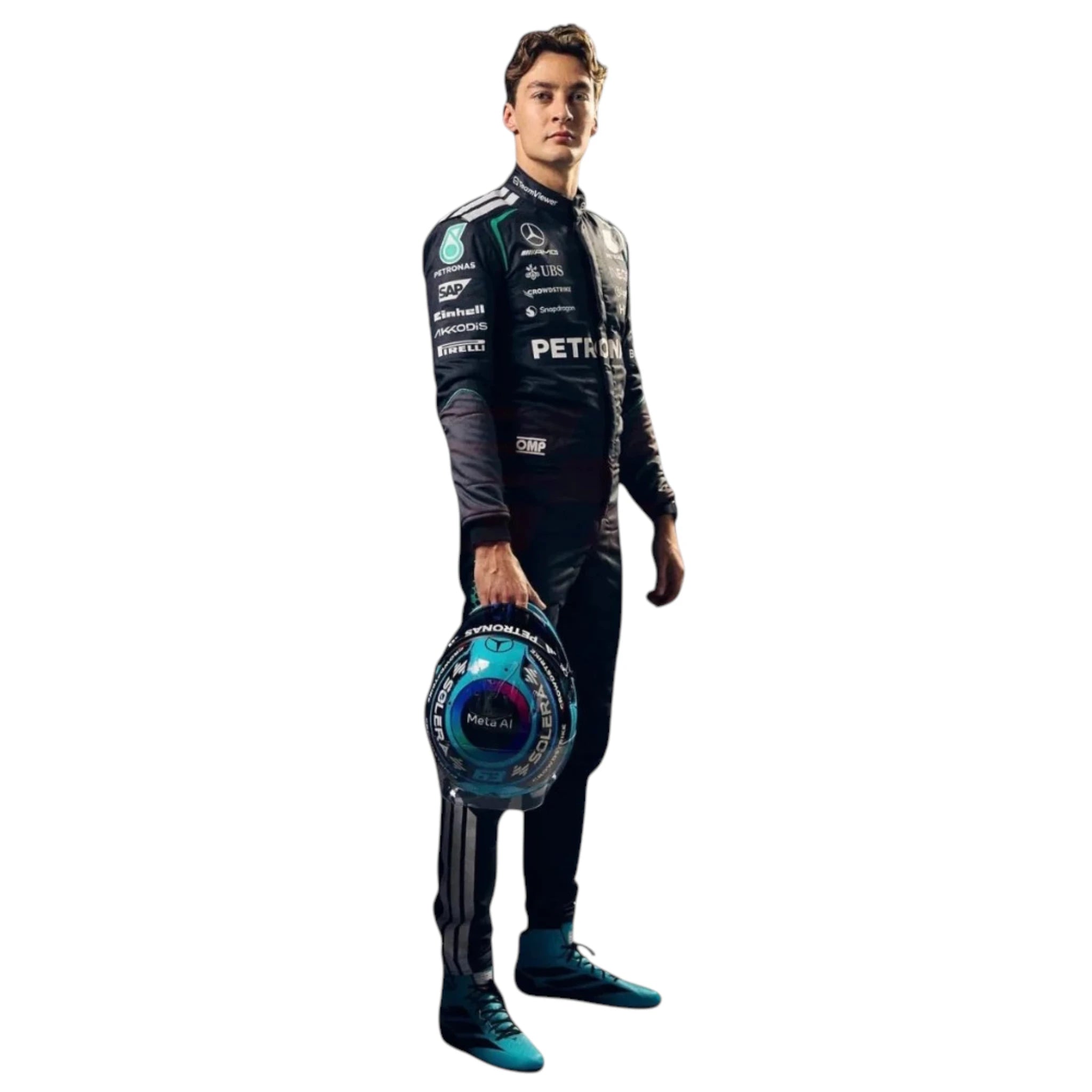 George Russell 2026 Mercedes AMG Petronas Japanese GP F1 race suit in black with turquoise accents featuring sponsor logos