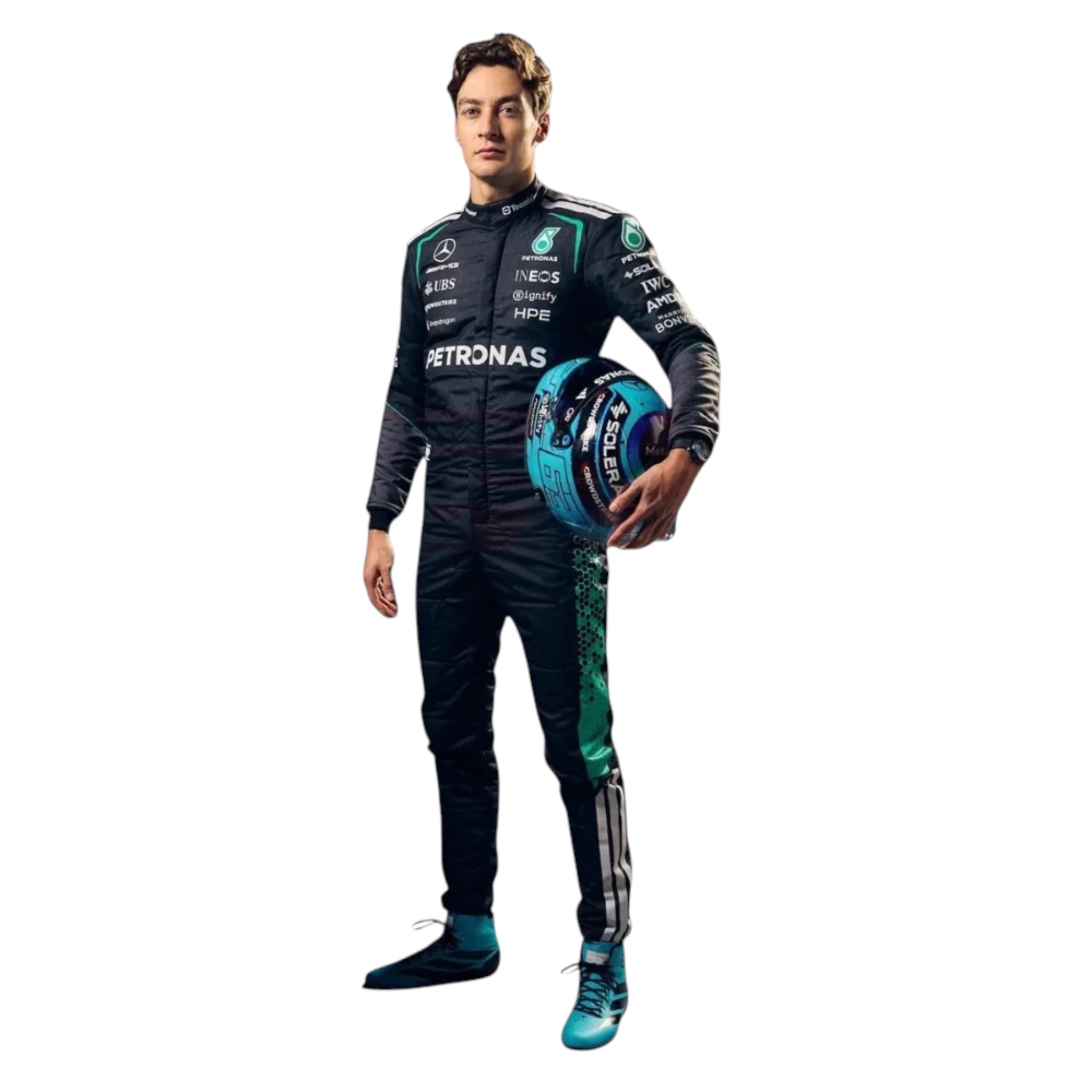 George Russell 2026 Mercedes AMG Petronas Japanese GP F1 race suit in black with turquoise accents featuring sponsor logos