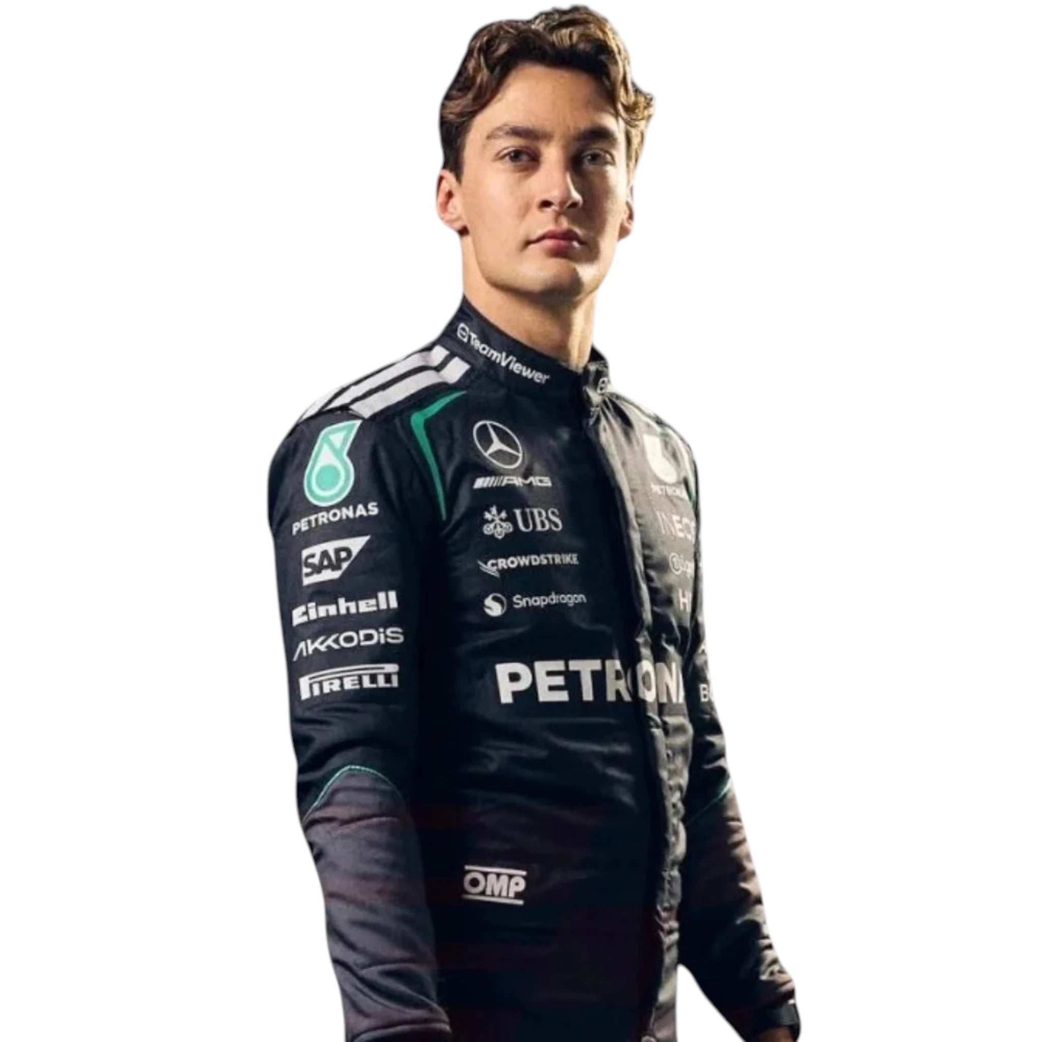 George Russell 2026 Mercedes AMG Petronas Japanese GP F1 race suit in black with turquoise accents featuring sponsor logos