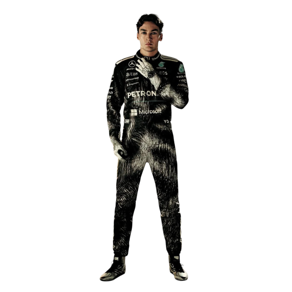 George Russell 2026 Mercedes AMG Petronas Japanese GP F1 race suit in black with Japanese inspired graphics and sponsor logos