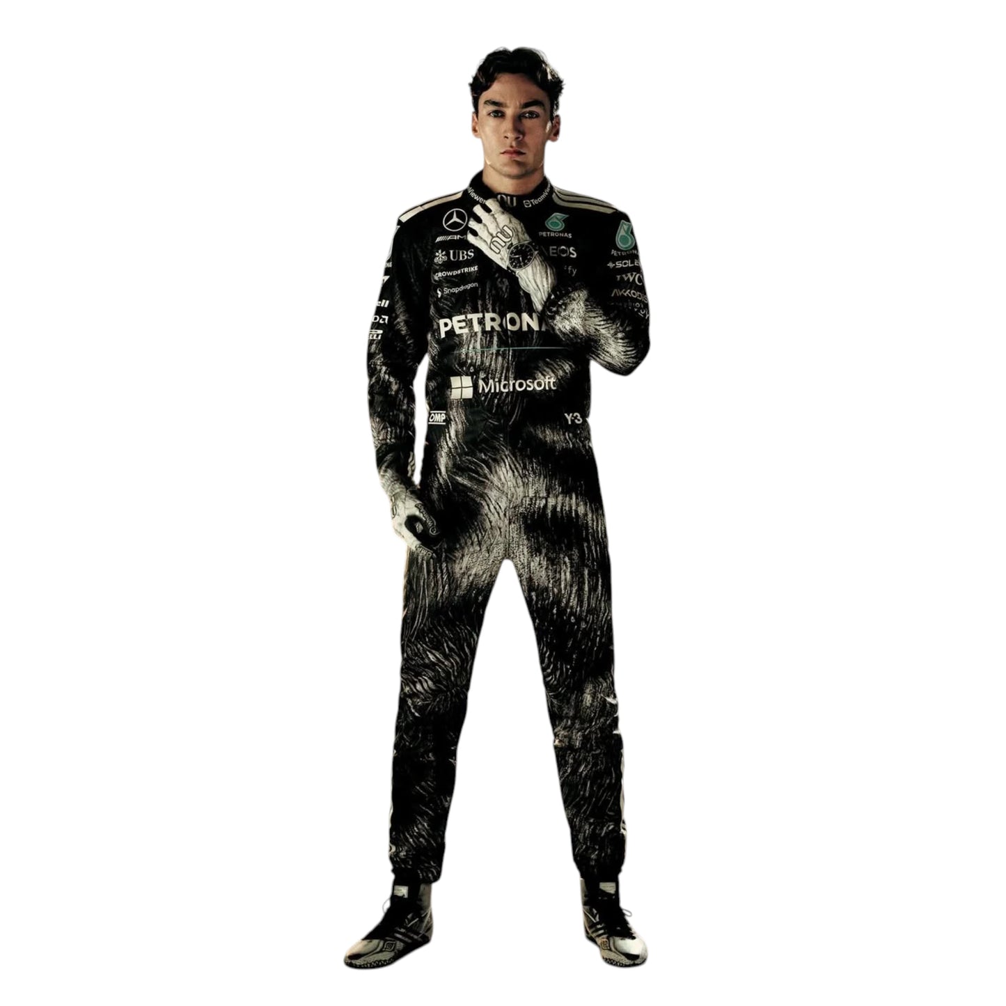 George Russell 2026 Mercedes AMG Petronas Japanese GP F1 race suit in black with Japanese inspired graphics and sponsor logos