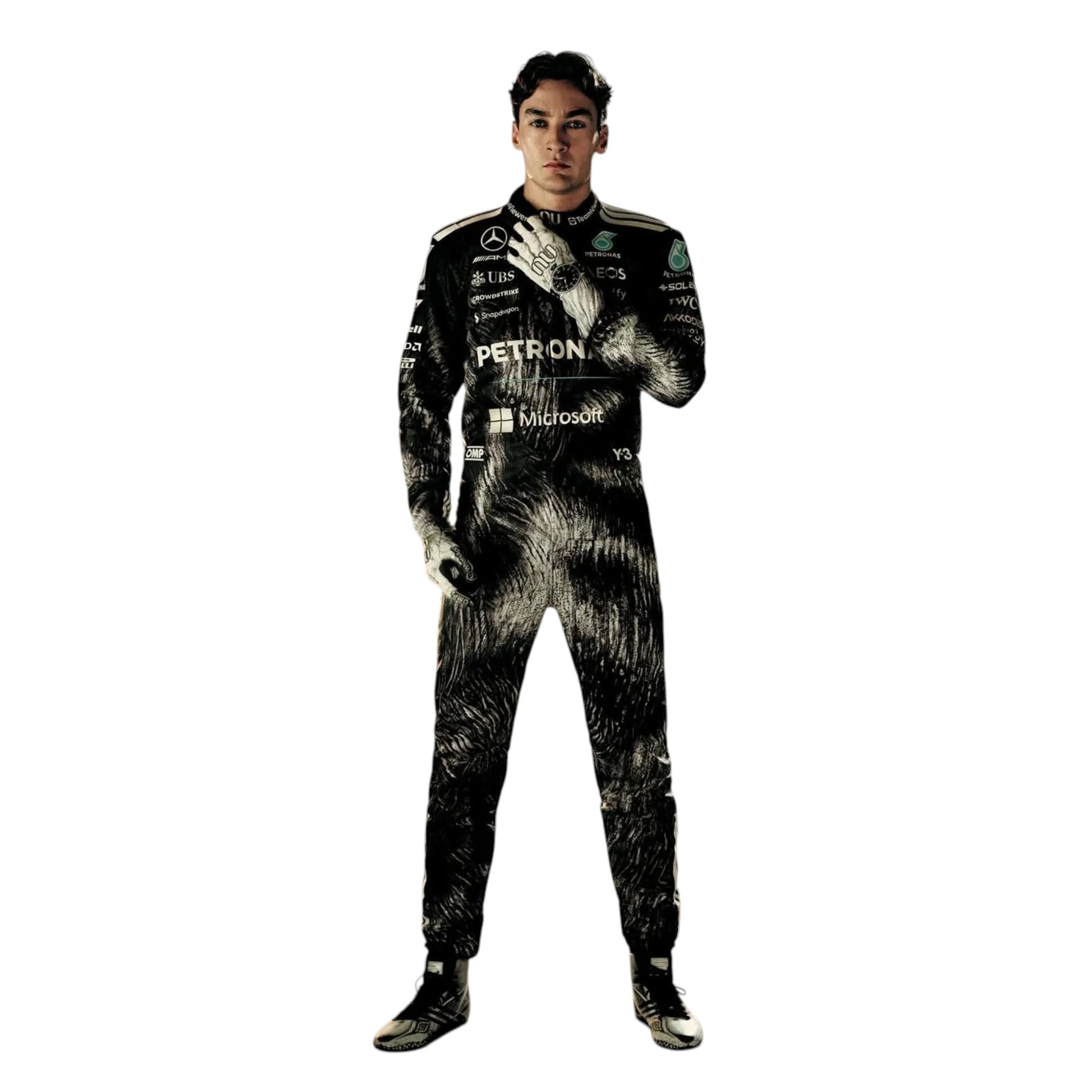 George Russell 2026 Mercedes AMG Petronas Japanese GP F1 race suit in black with Japanese inspired graphics and sponsor logos