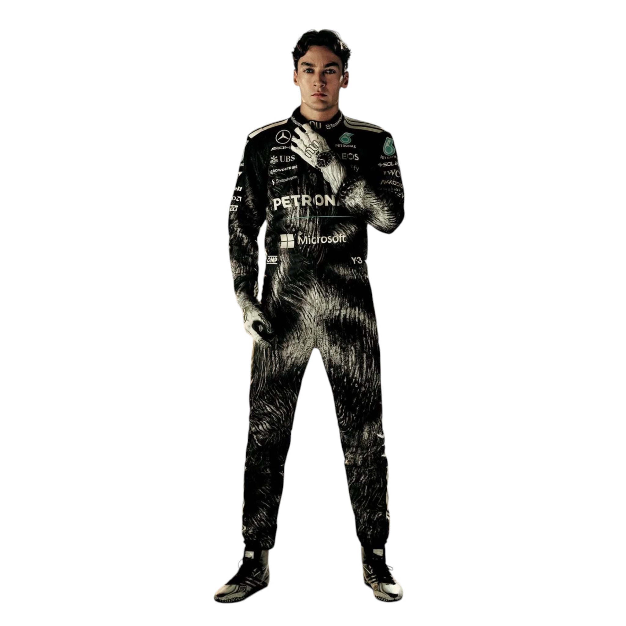 George Russell 2026 Mercedes AMG Petronas Japanese GP F1 race suit in black with Japanese inspired graphics and sponsor logos