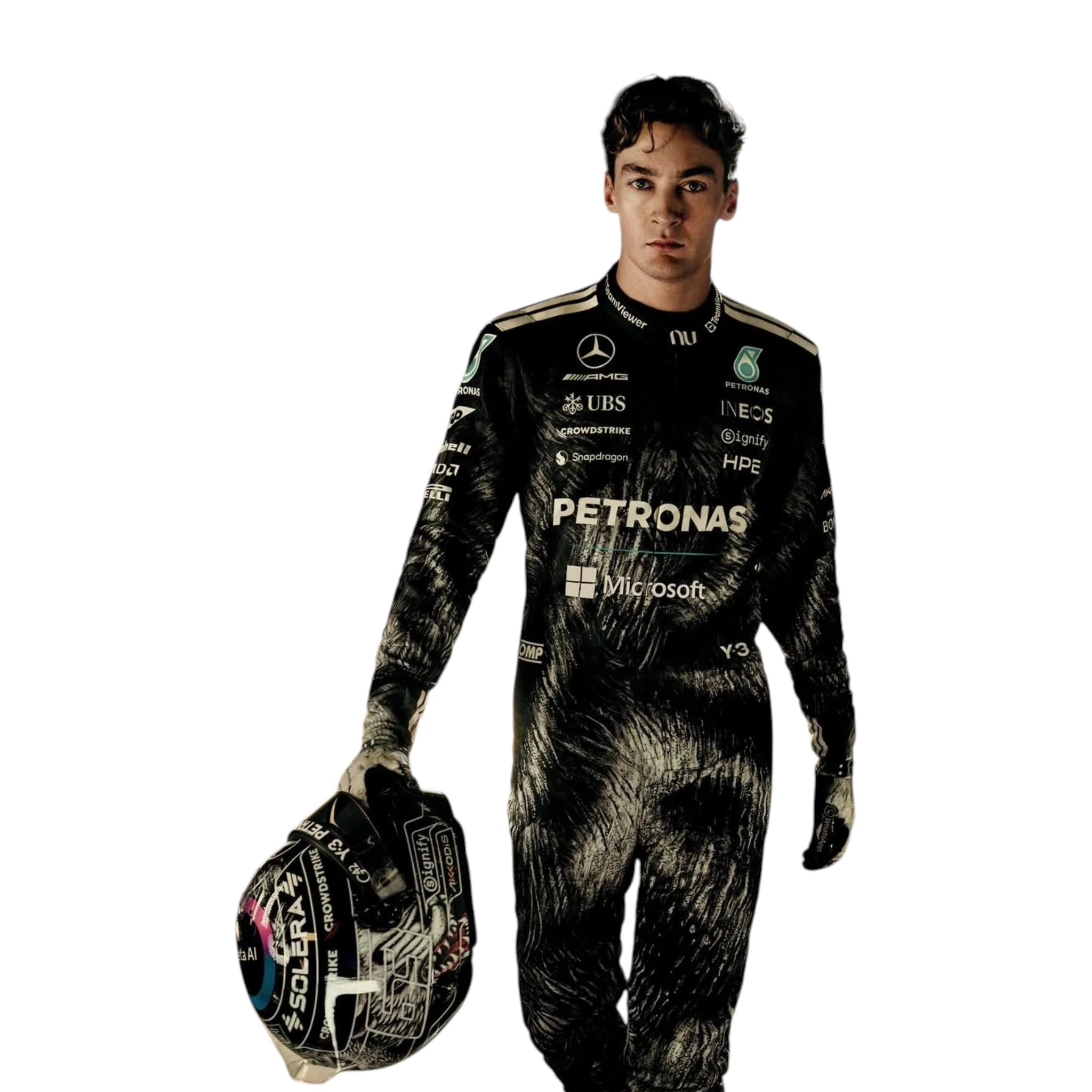 George Russell 2026 Mercedes AMG Petronas Japanese GP F1 race suit in black with Japanese inspired graphics and sponsor logos