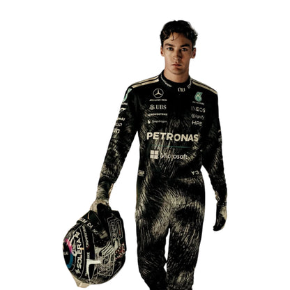 George Russell 2026 Mercedes AMG Petronas Japanese GP F1 race suit in black with Japanese inspired graphics and sponsor logos