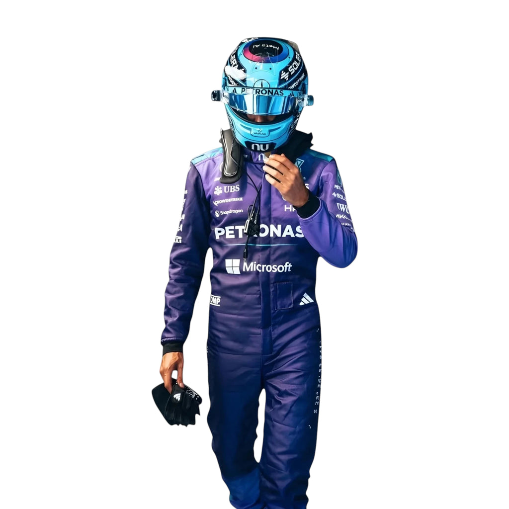 George Russell 2026 Mercedes AMG Petronas Miami GP F1 race suit in purple with turquoise accents and sponsor logos