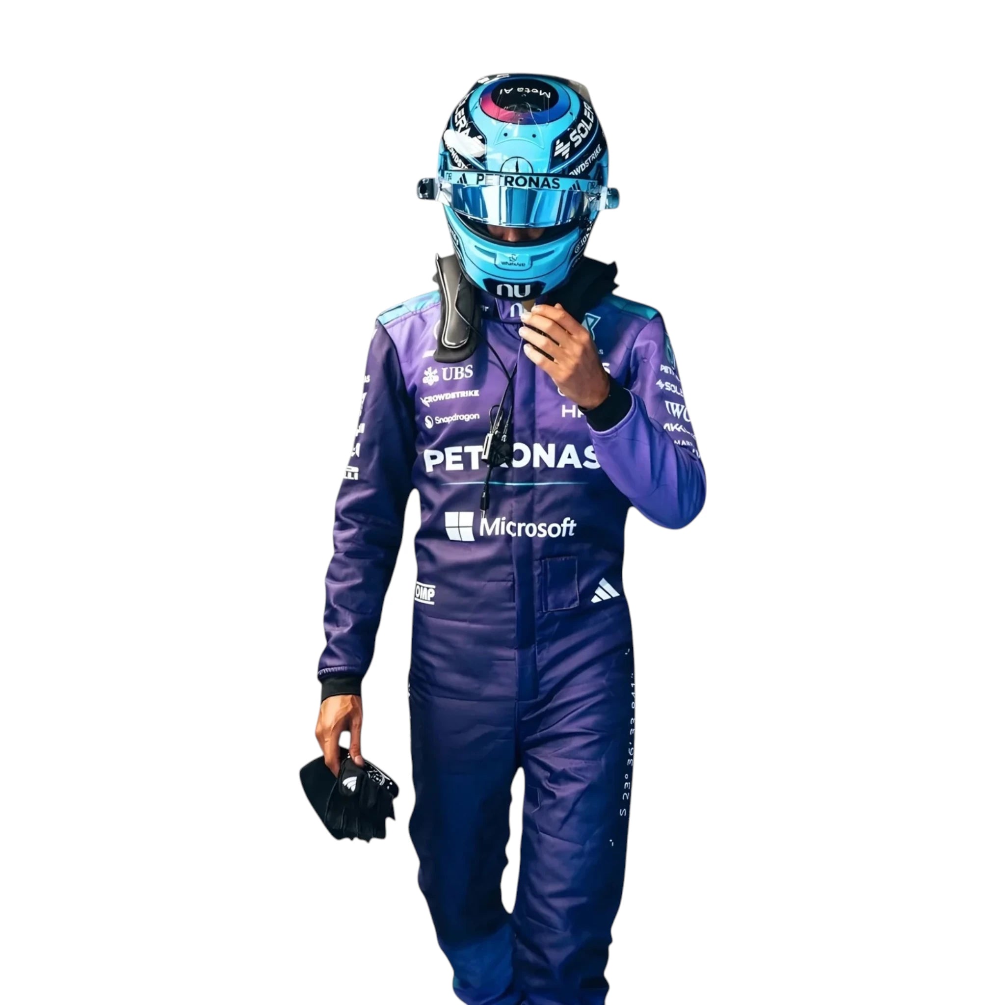 George Russell 2026 Mercedes AMG Petronas Miami GP F1 race suit in purple with turquoise accents and sponsor logos