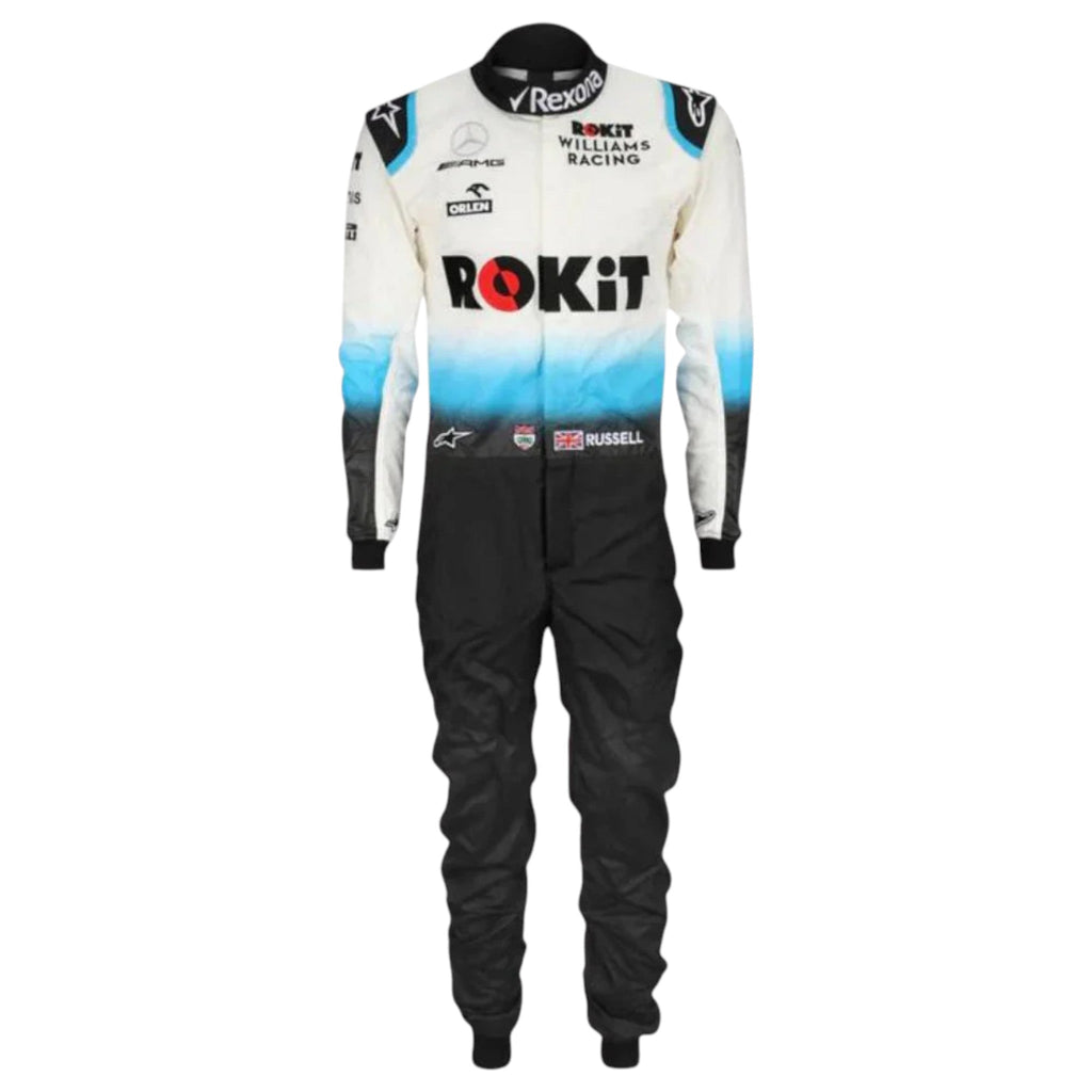 George Russell 2019 Williams F1 race suit in white, blue, and black with ROKiT Williams Racing sponsor logos