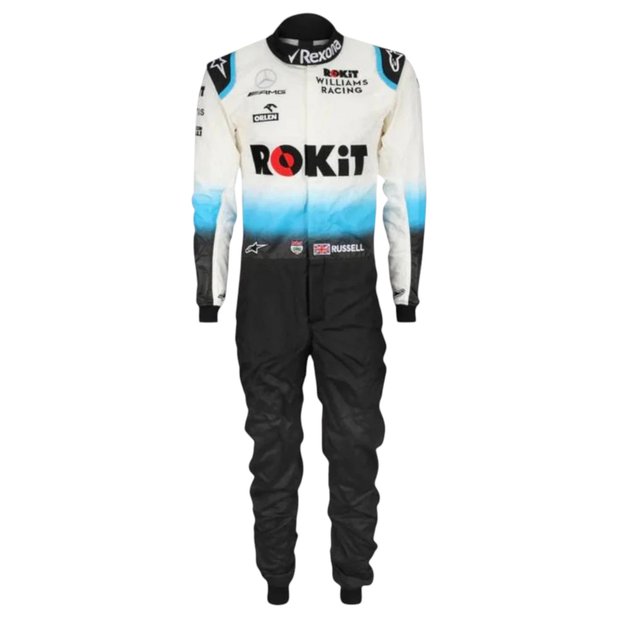 George Russell 2019 Williams F1 race suit in white, blue, and black with ROKiT Williams Racing sponsor logos