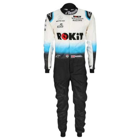 George Russell 2019 Williams F1 race suit in white, blue, and black with ROKiT Williams Racing sponsor logos