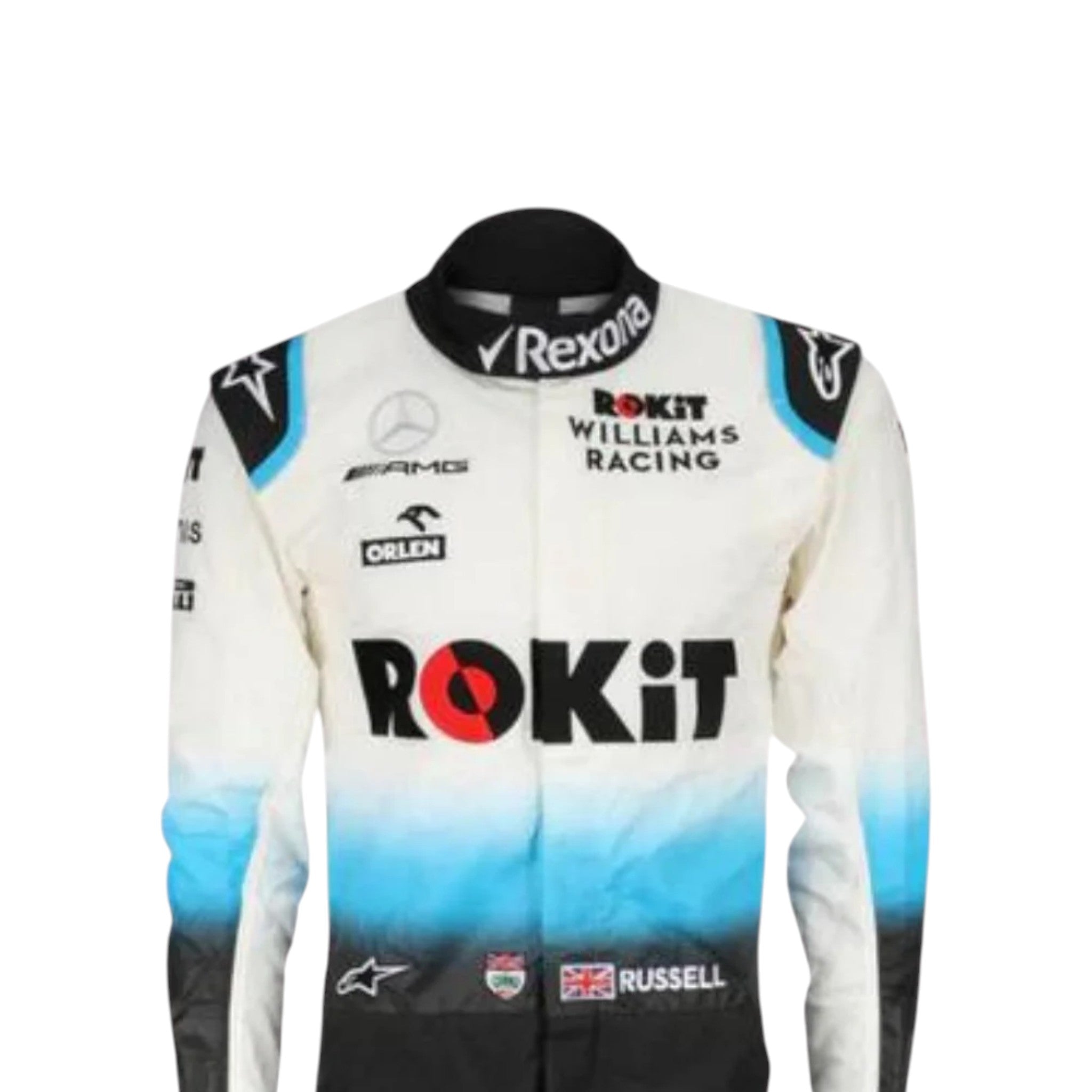 George Russell 2019 Williams F1 race suit in white, blue, and black with ROKiT Williams Racing sponsor logos
