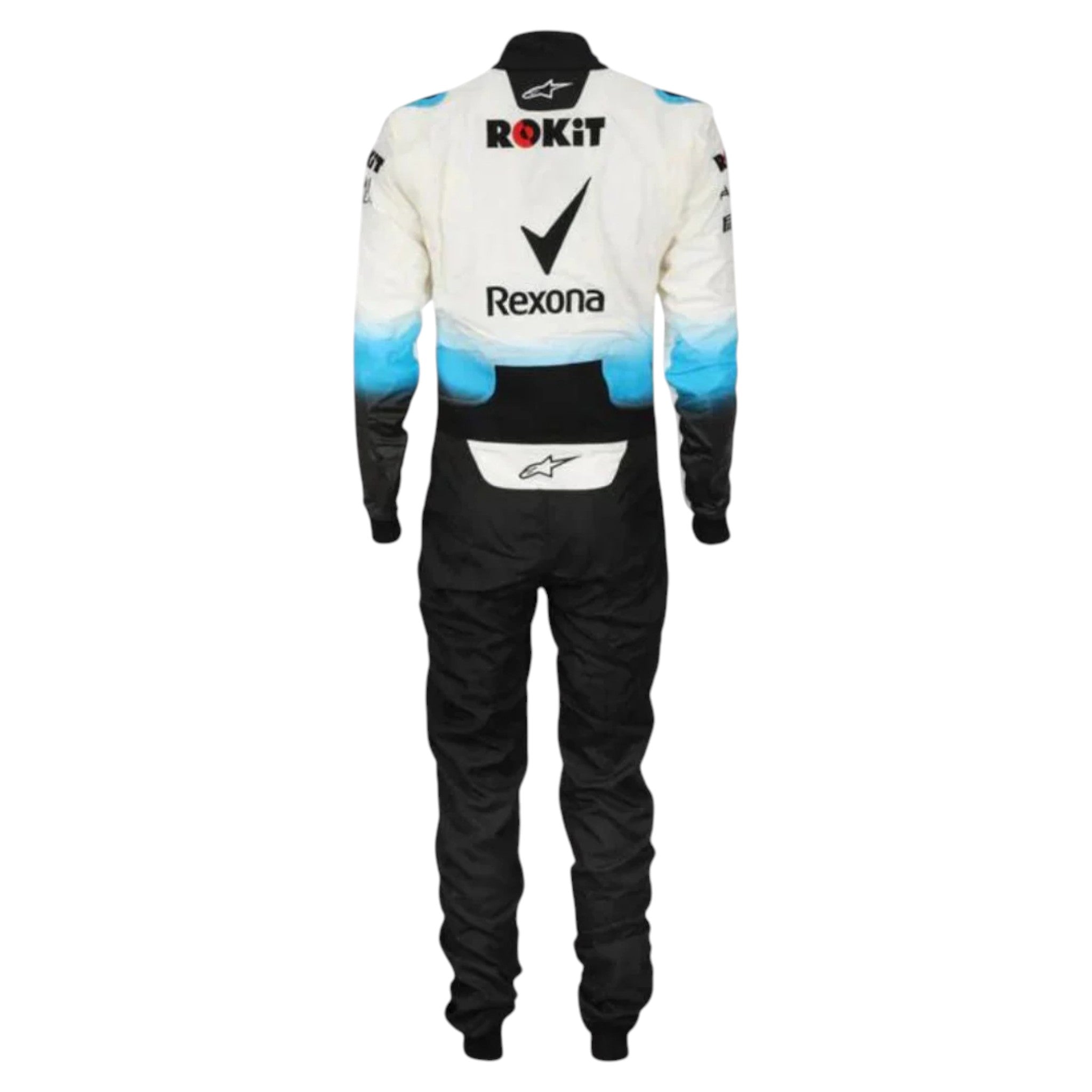 George Russell 2019 Williams F1 race suit in white, blue, and black with ROKiT Williams Racing sponsor logos