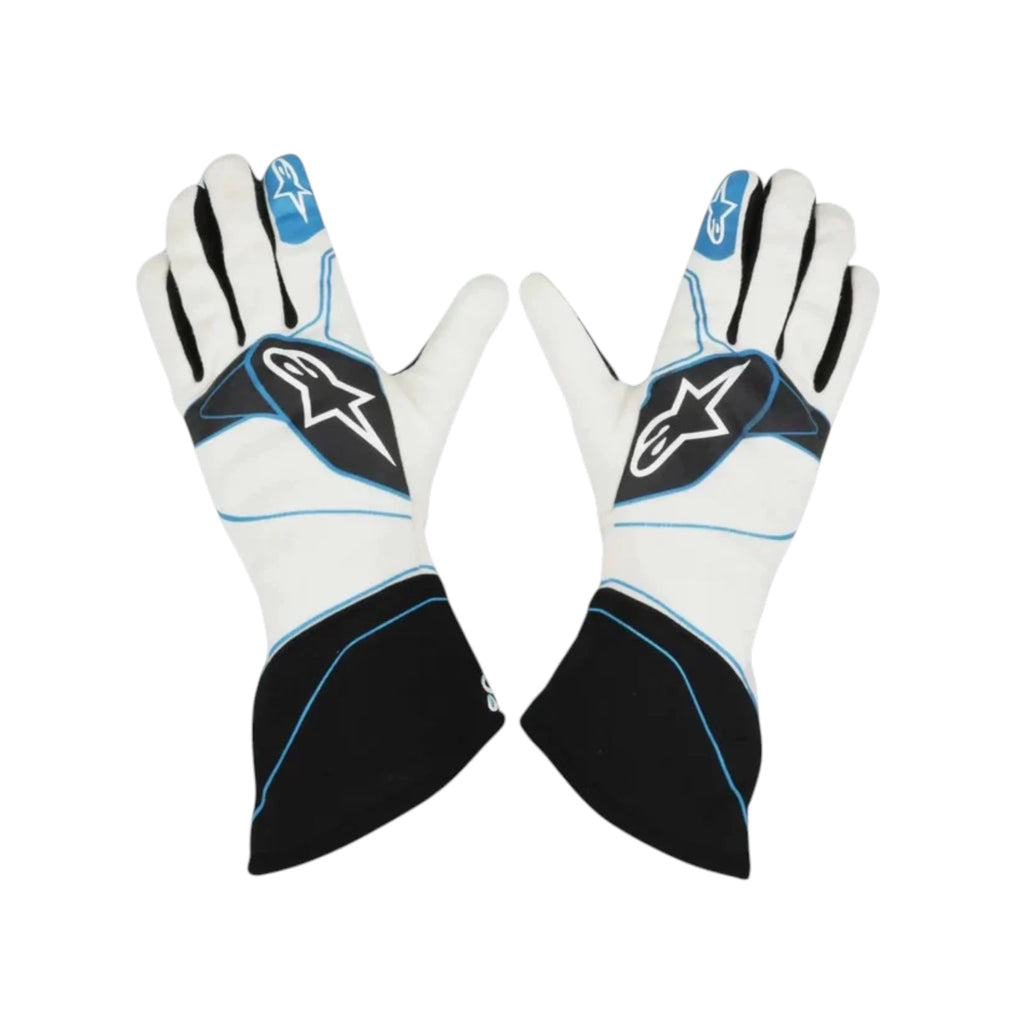George Russell 2019 Williams F1 racing gloves with team branding and sponsor logos