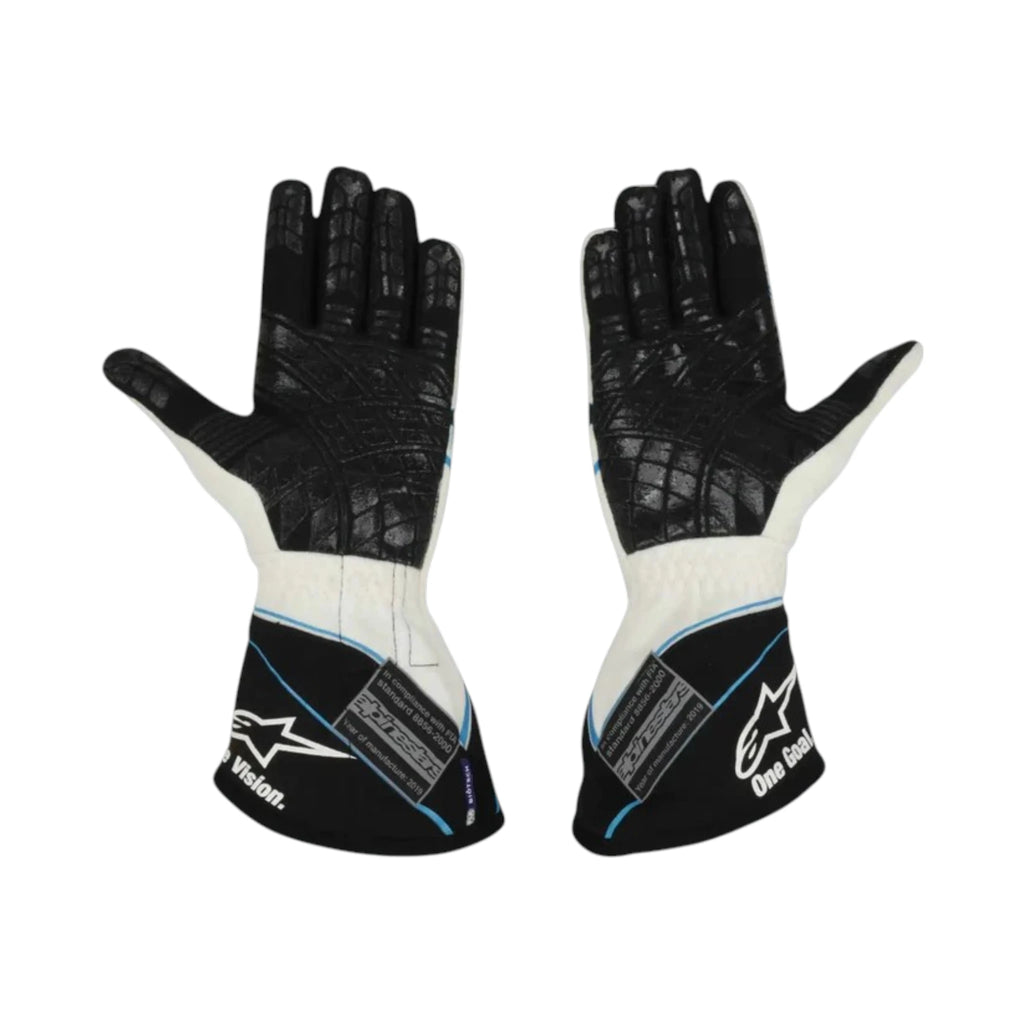 George Russell 2019 Williams F1 racing gloves with team branding and sponsor logos