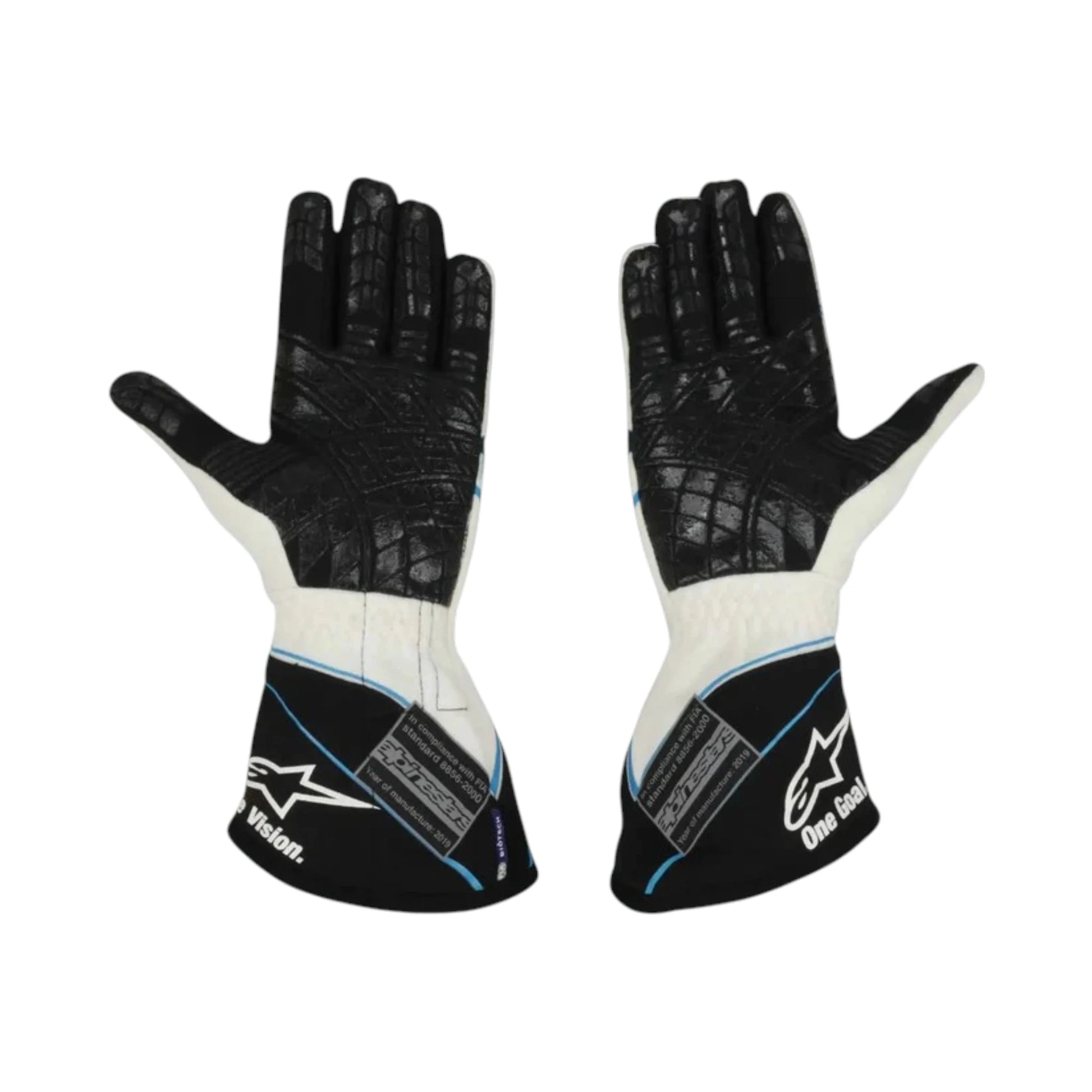 George Russell 2019 Williams F1 racing gloves with team branding and sponsor logos
