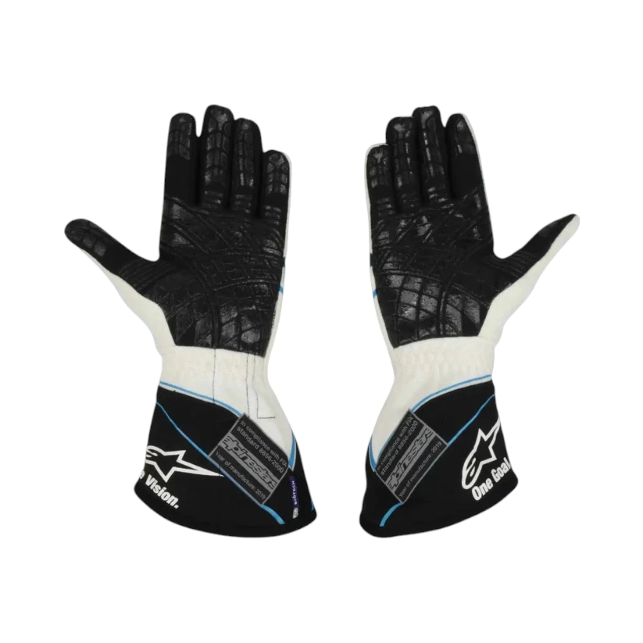 George Russell 2019 Williams F1 racing gloves with team branding and sponsor logos