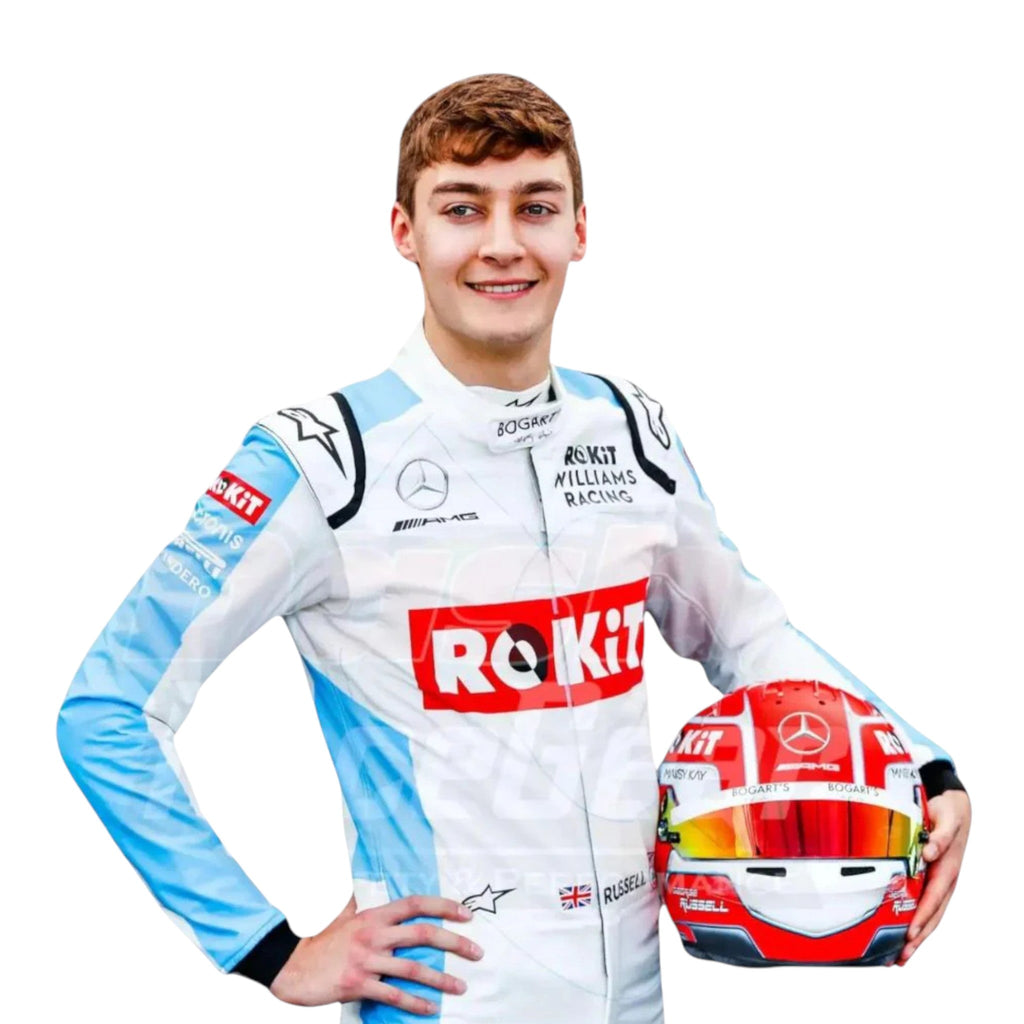 George Russell 2020 Williams F1 race suit in white and light blue with ROKiT Williams Racing sponsor logos
