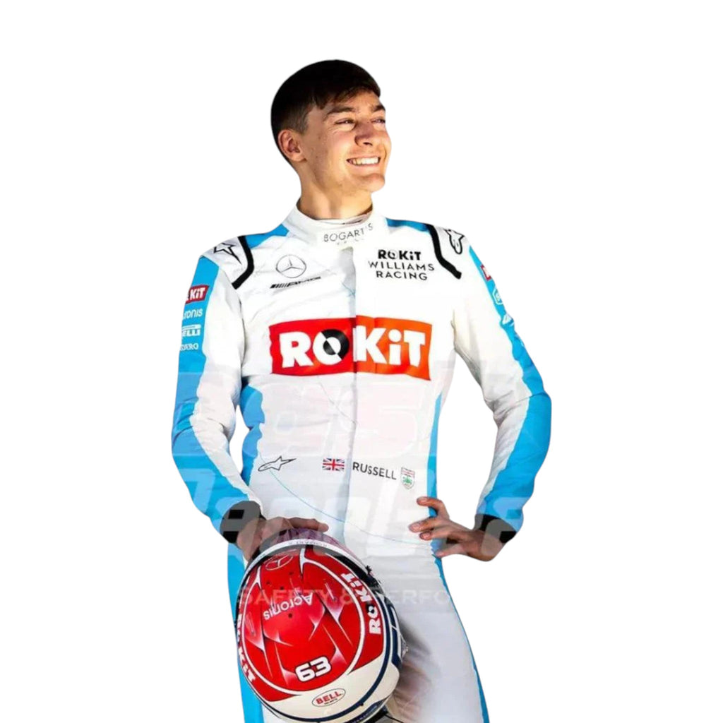 George Russell 2020 Williams F1 race suit in white and light blue with ROKiT Williams Racing sponsor logos