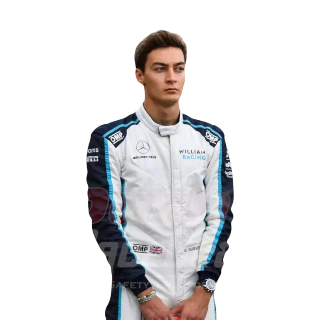 George Russell 2021 Williams F1 race suit in white, navy blue, and light blue with sponsor logos
