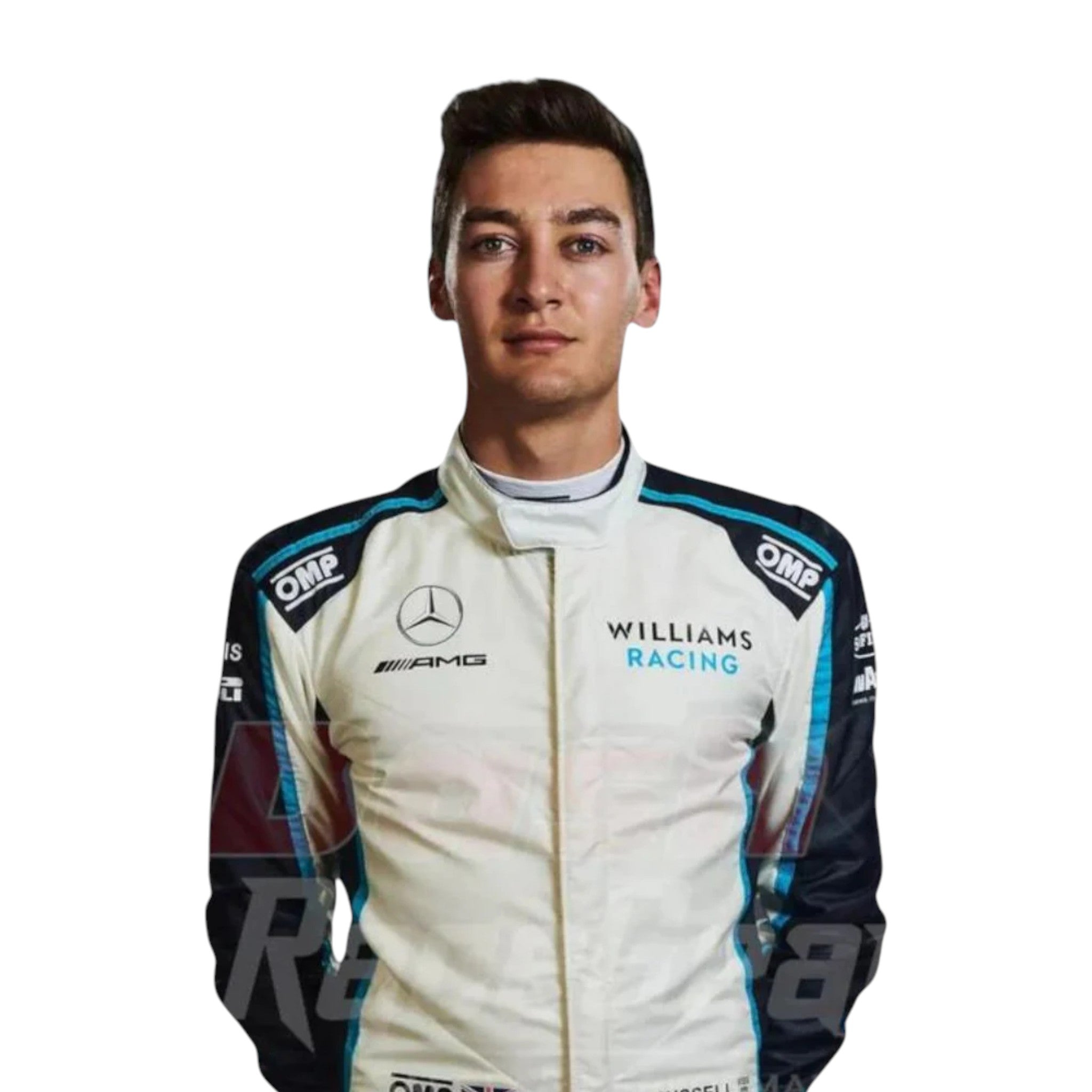 George Russell 2021 Williams F1 race suit in white, navy blue, and light blue with sponsor logos