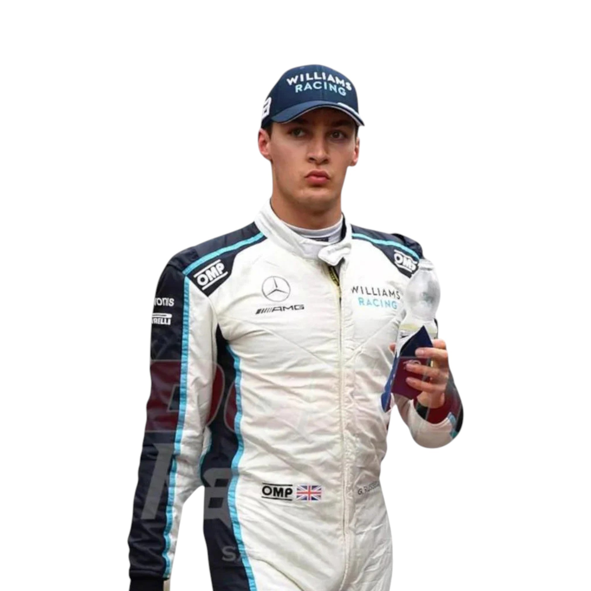 George Russell 2021 Williams F1 race suit in white, navy blue, and light blue with sponsor logos