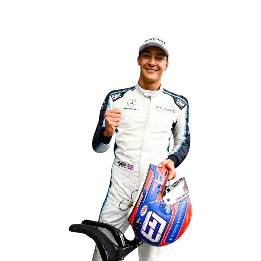 George Russell 2021 Williams F1 race suit in white, navy blue, and light blue with sponsor logos