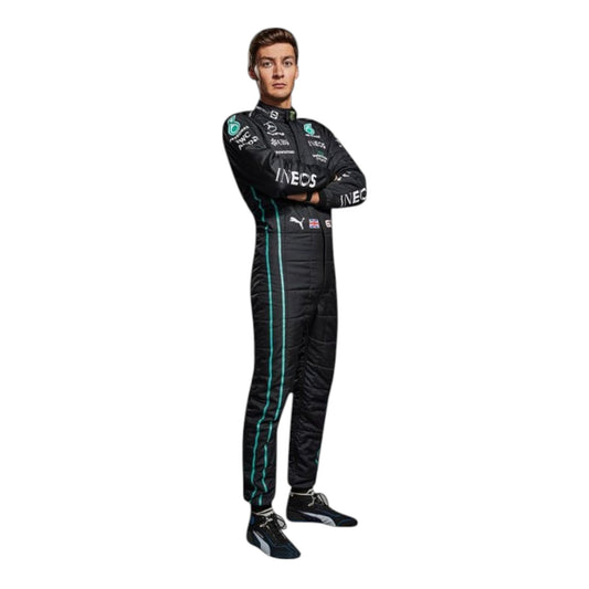 George Russell 2022 Mercedes AMG Petronas F1 race suit in black with teal accents and sponsor branding