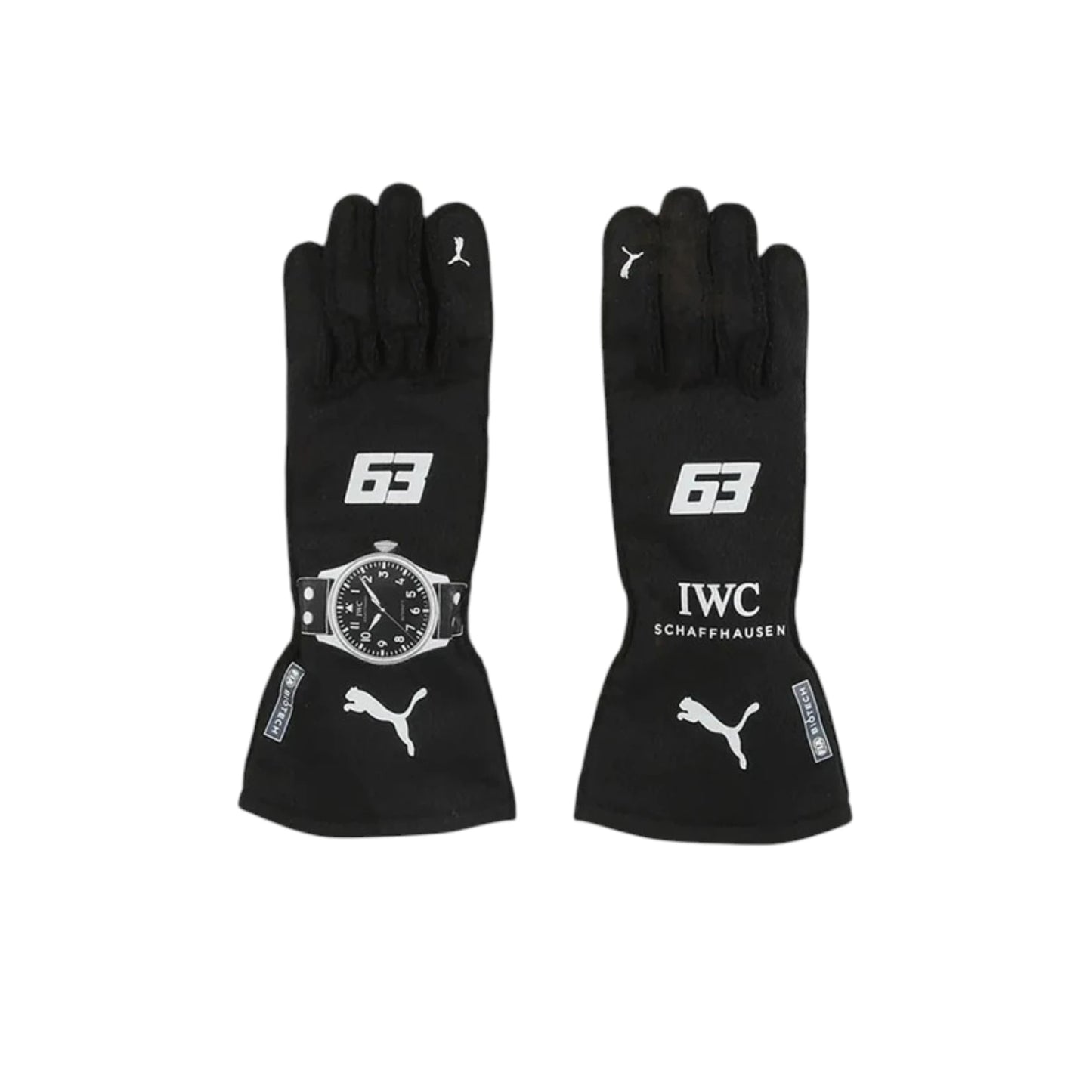 George Russell 2023 Mercedes-AMG Petronas F1 racing gloves with team branding and sponsor logos