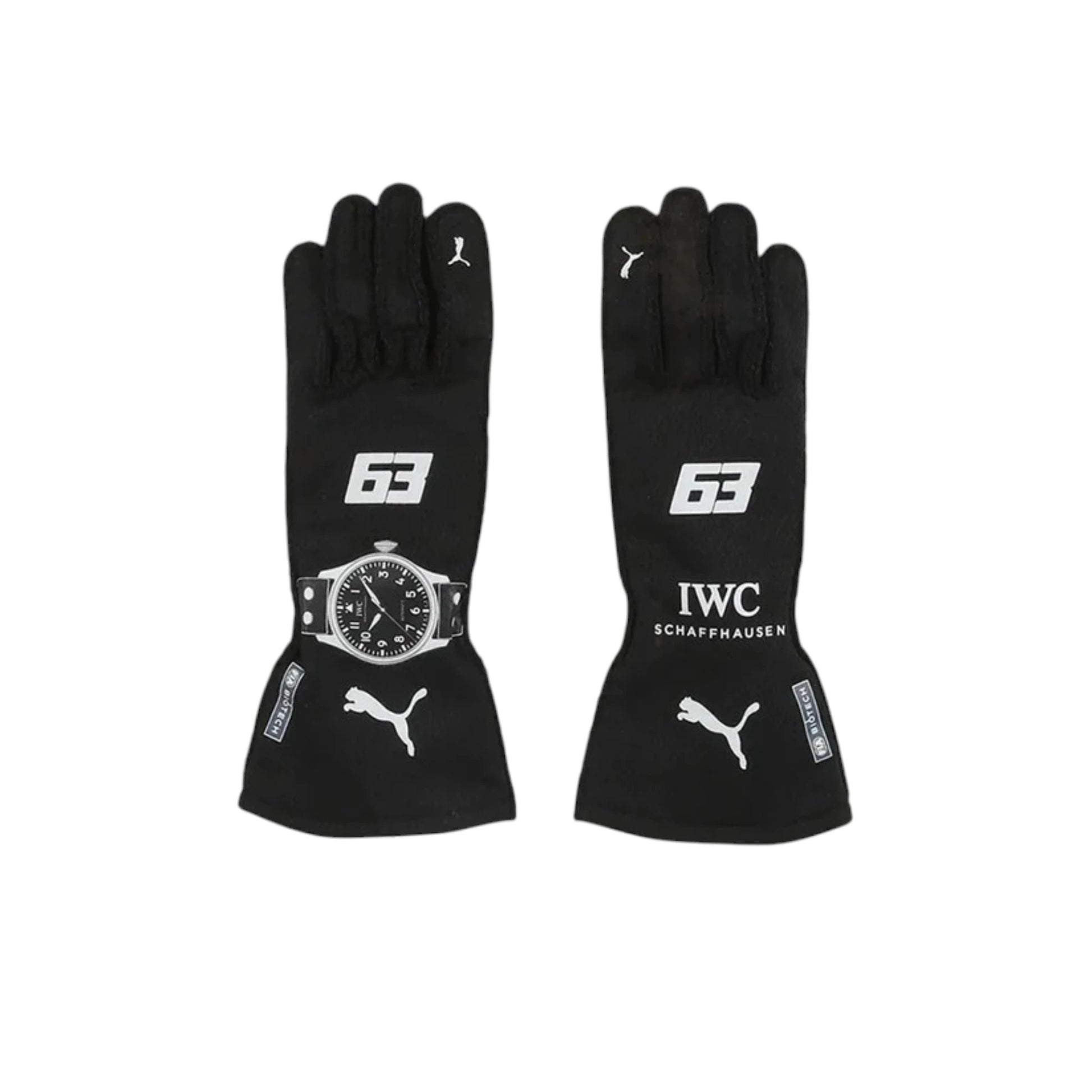George Russell 2023 Mercedes-AMG Petronas F1 racing gloves with team branding and sponsor logos